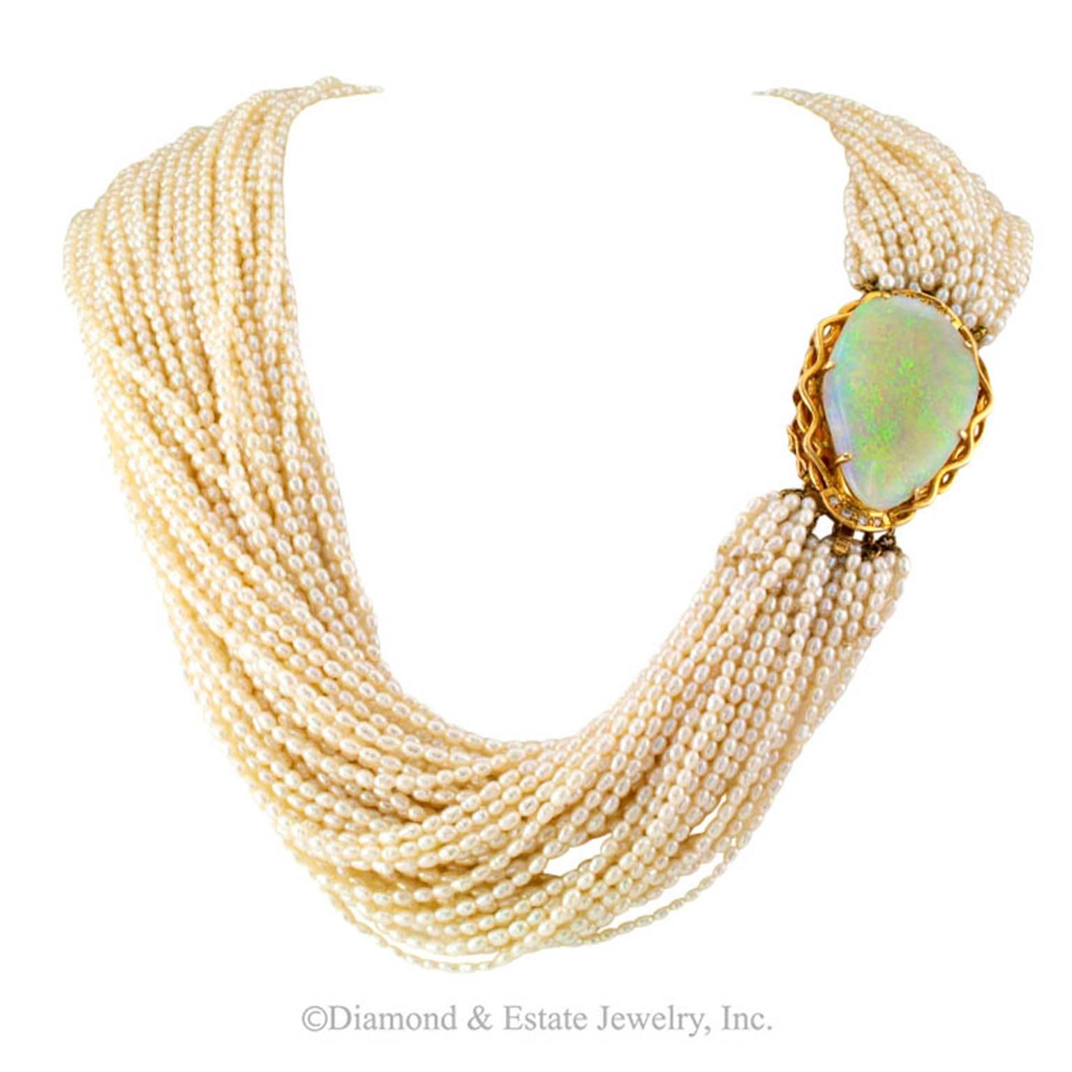 Opal and Fresh Water Pearl Torsade Necklace In Excellent Condition In Los Angeles, CA