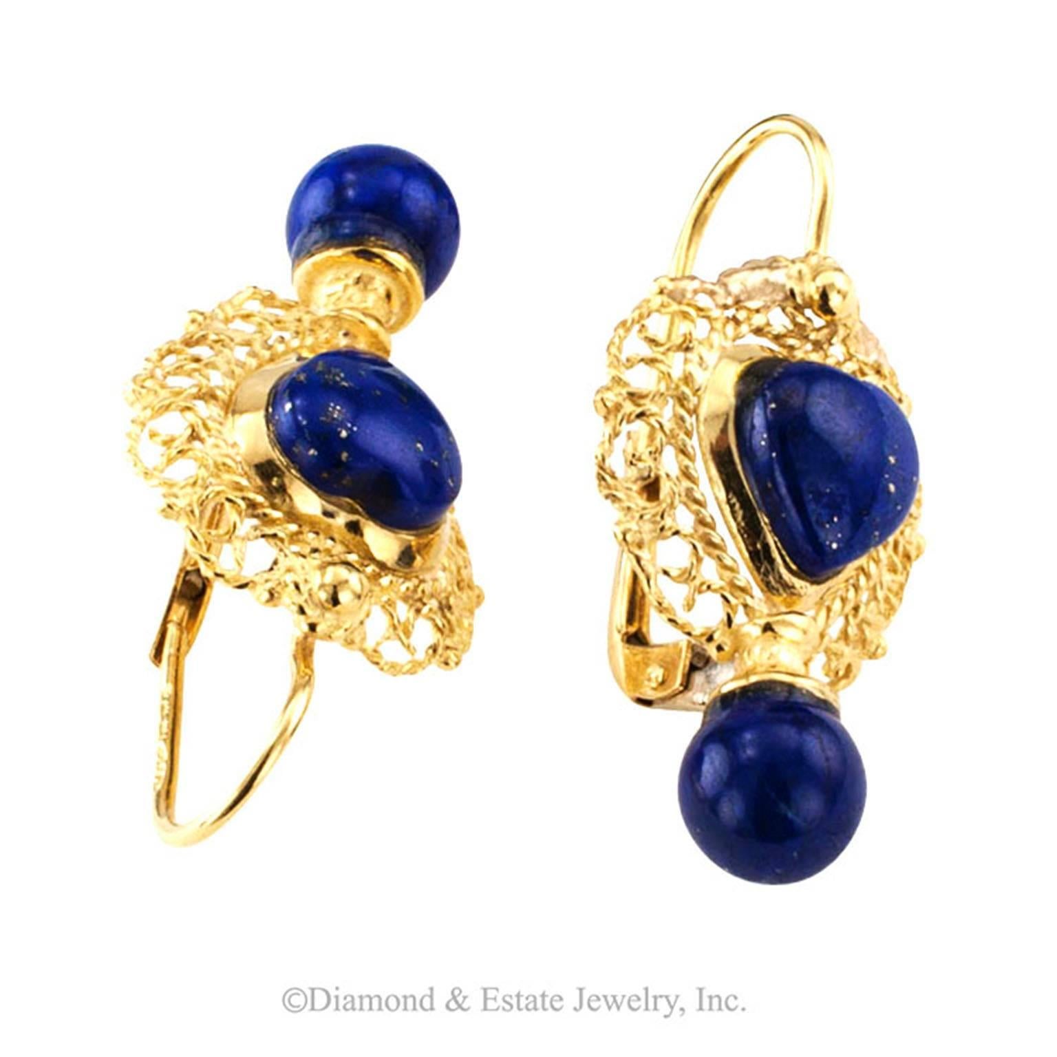 Contemporary Lapis Lazuli Gold Drop Earrings