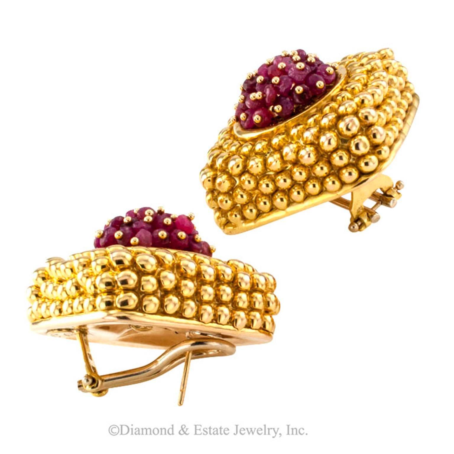 Contemporary 1980s Ruby Gold Earrings