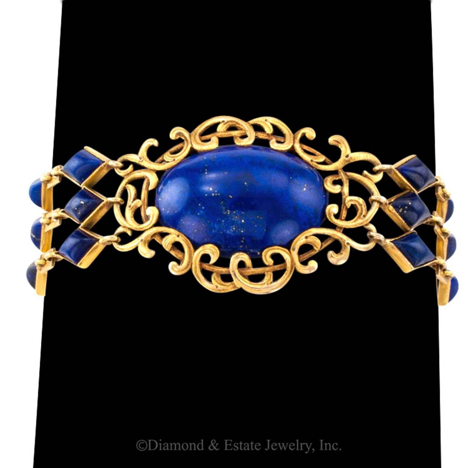 Arts and Crafts Lapis Lazuli Gold Link Bracelet In Excellent Condition In Los Angeles, CA