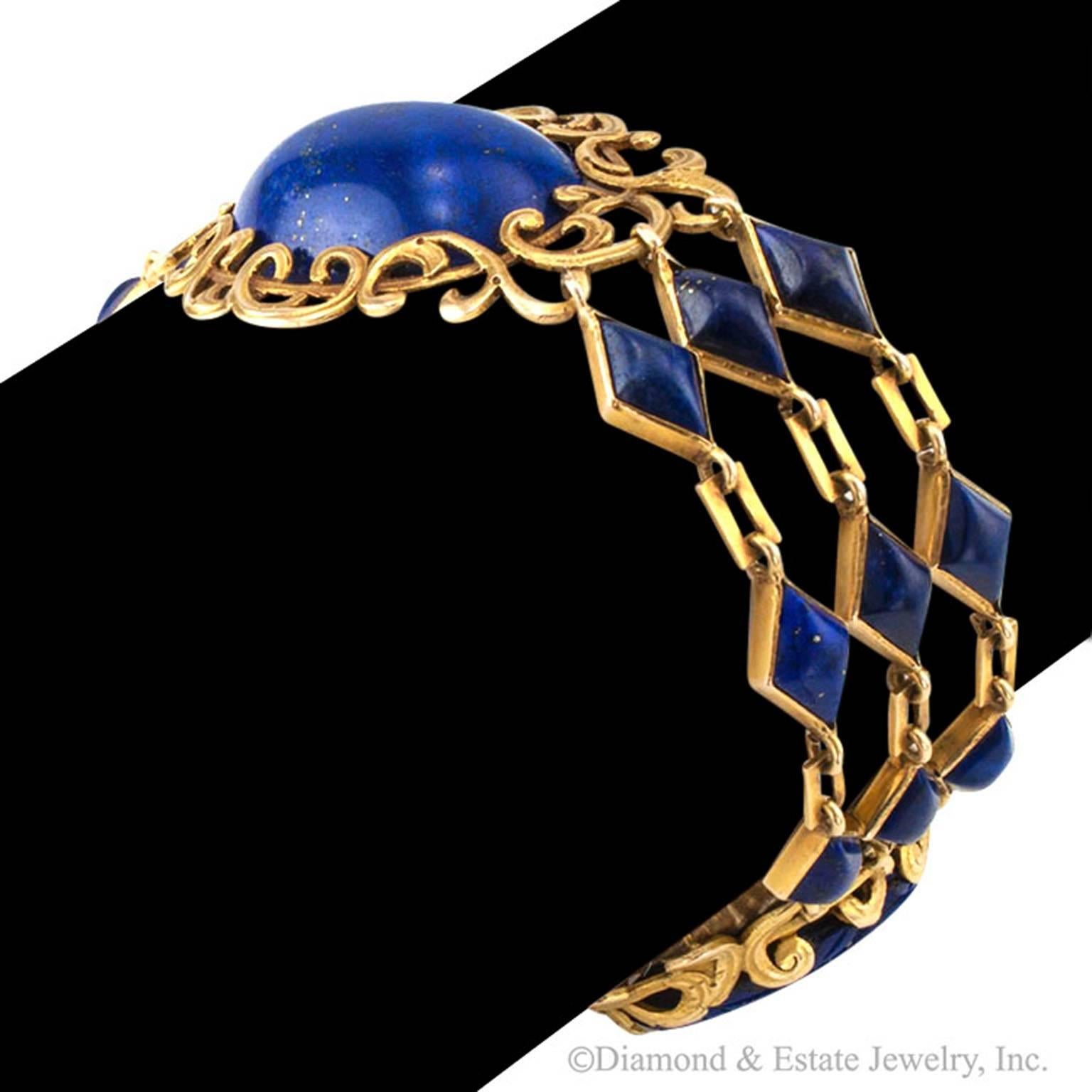 Women's or Men's Arts and Crafts Lapis Lazuli Gold Link Bracelet