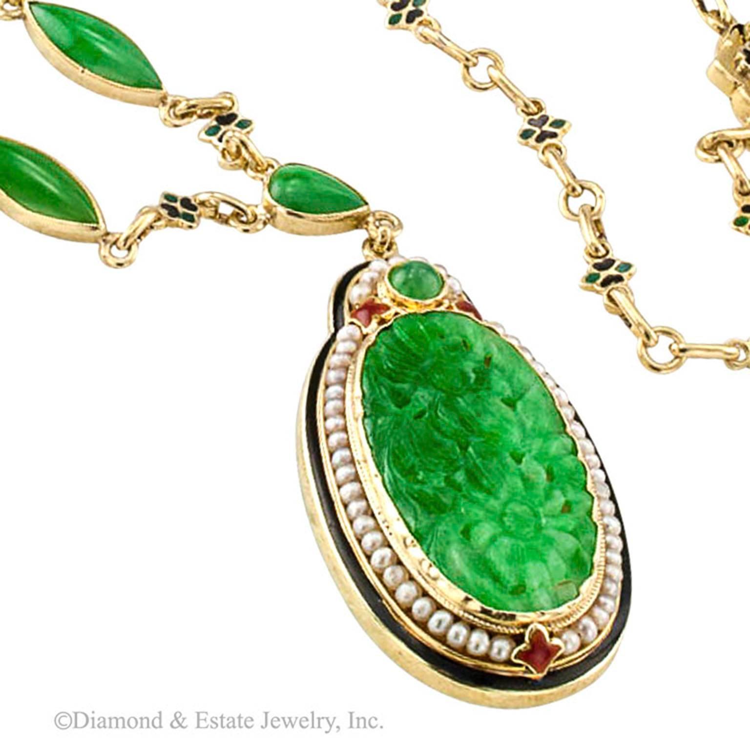 1925 Art Deco Carved Jadeite Pearl Enamel Gold Necklace 1
