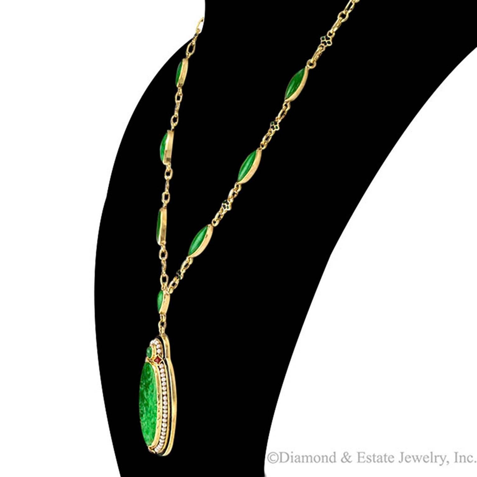 Women's or Men's 1925 Art Deco Carved Jadeite Pearl Enamel Gold Necklace