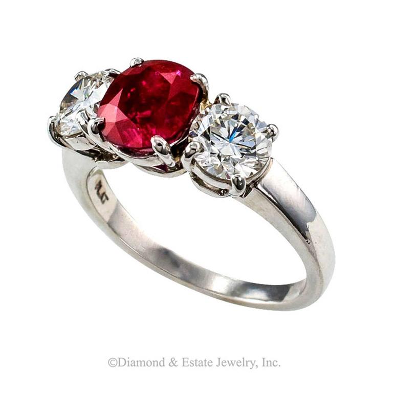 Unheated Burma Ruby Diamond Platinum Three-Stone Ring For Sale at 1stdibs