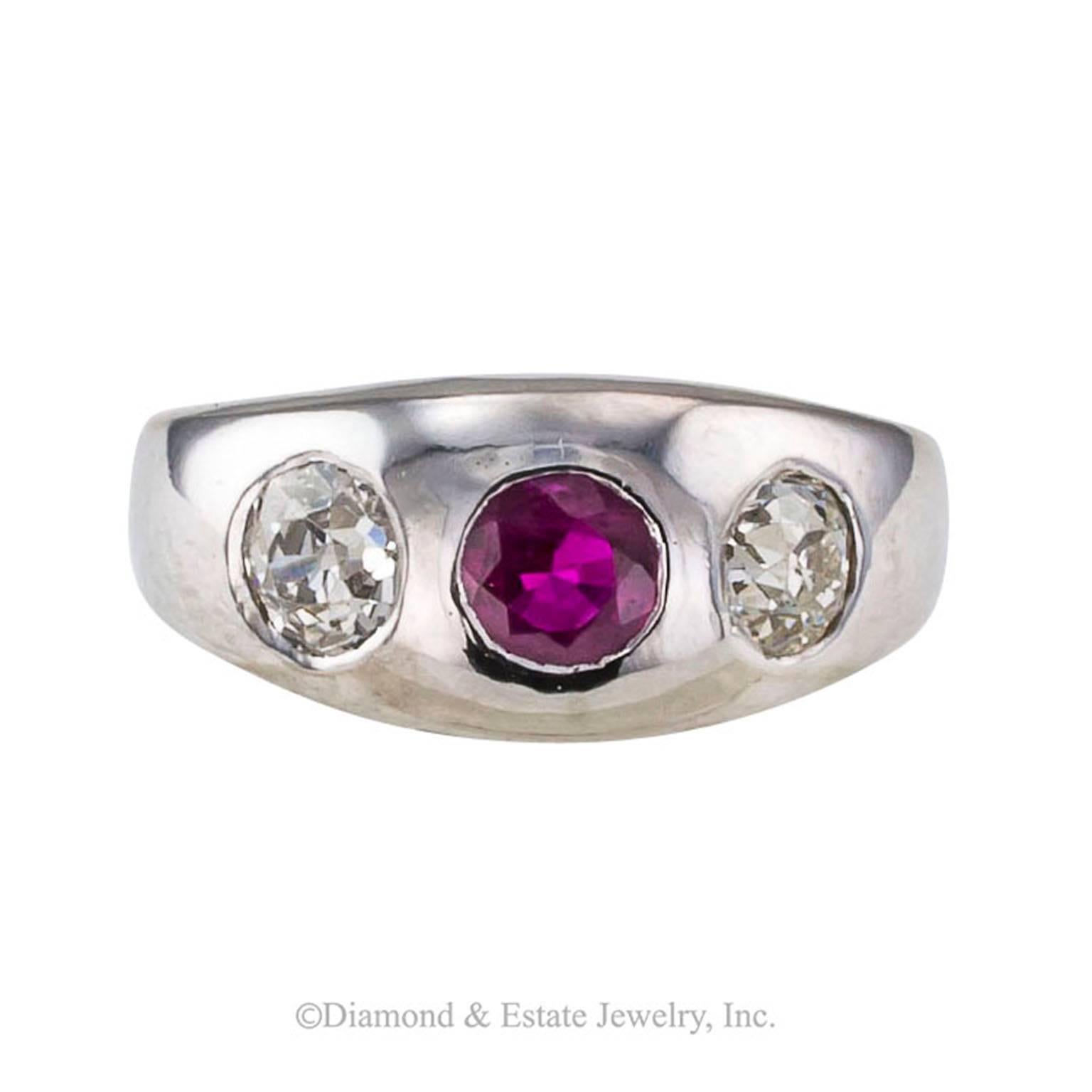 Edwardian 1910 Ruby Diamond Platinum Three-Stone Gypsy Ring