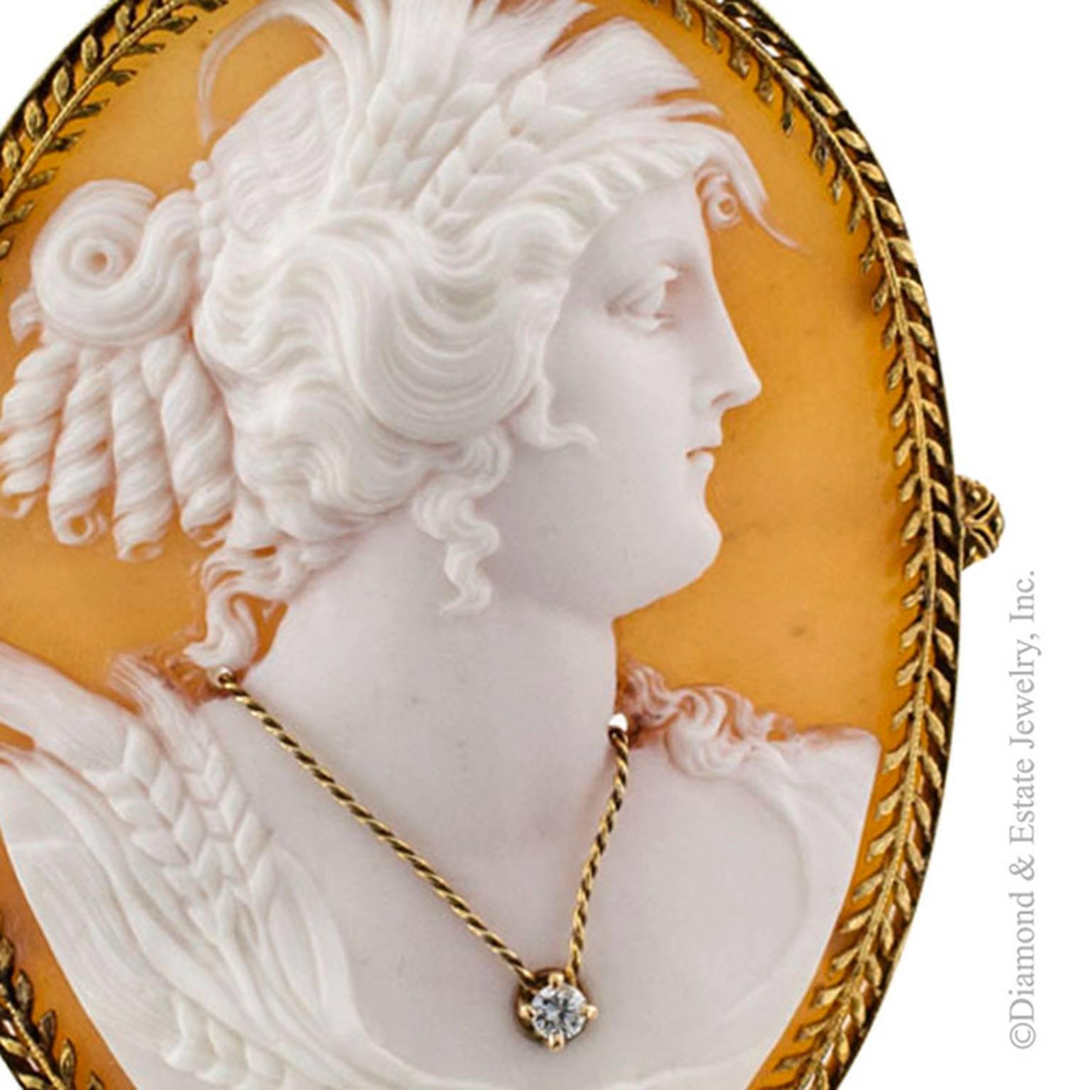 Victorian Shell and Diamond Cameo Brooch Pendant In Excellent Condition In Los Angeles, CA