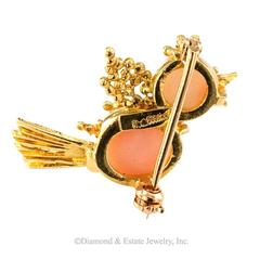 1960s Coral Ruby Gold Sparrow Brooch
