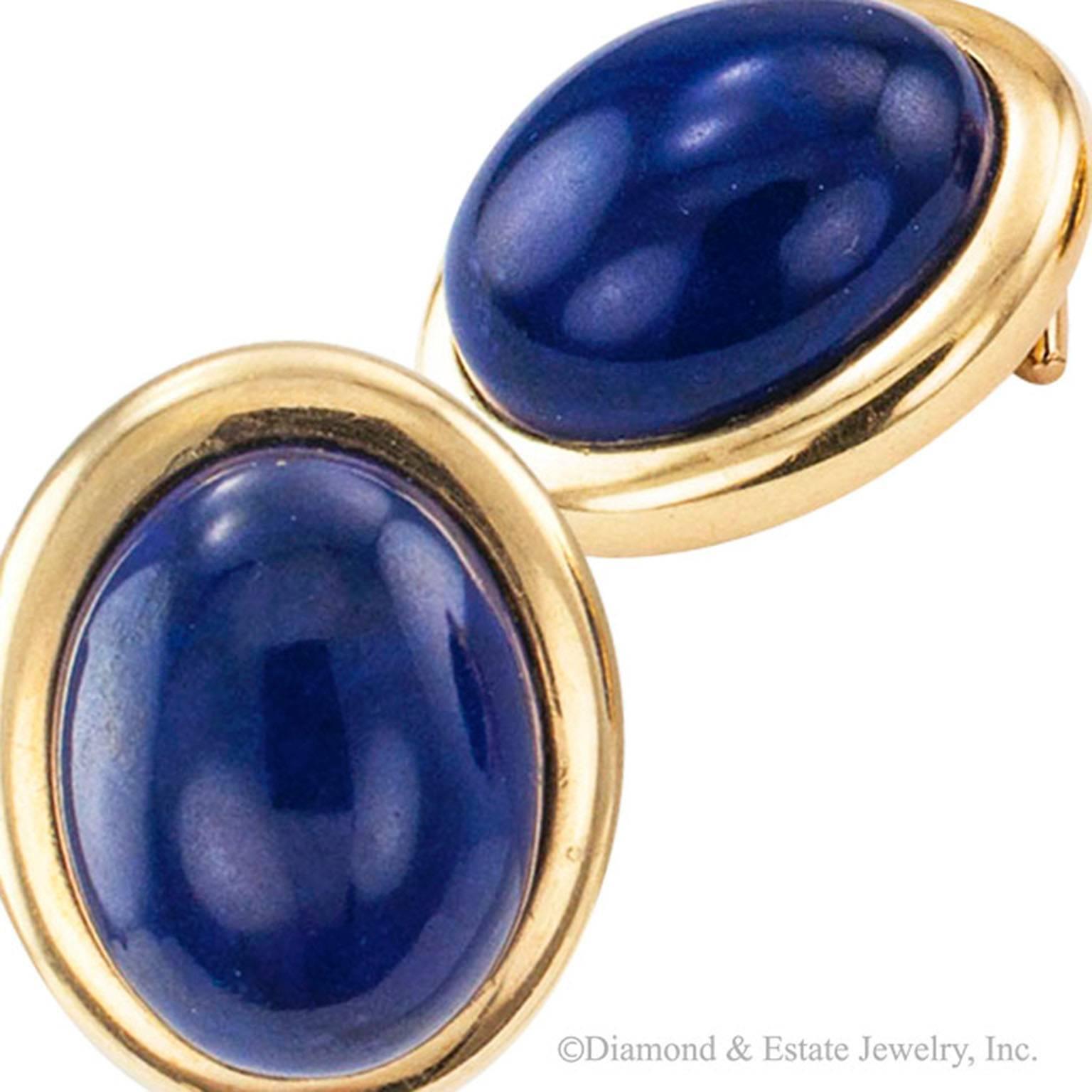 Modern 1970s Lapis Lazuli Gold Button Ear Clips