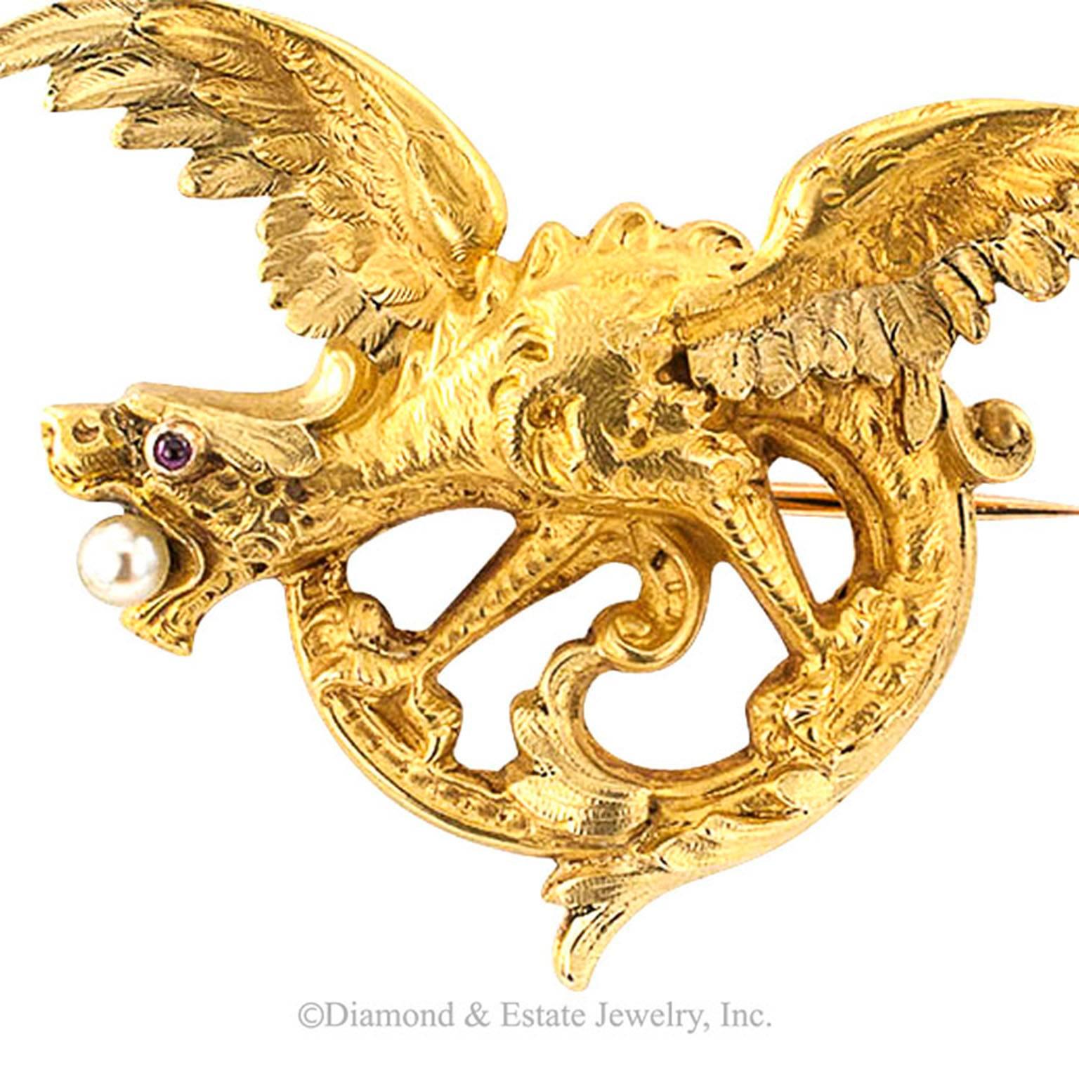 Art Nouveau French Antique Gold Dragon Brooch
