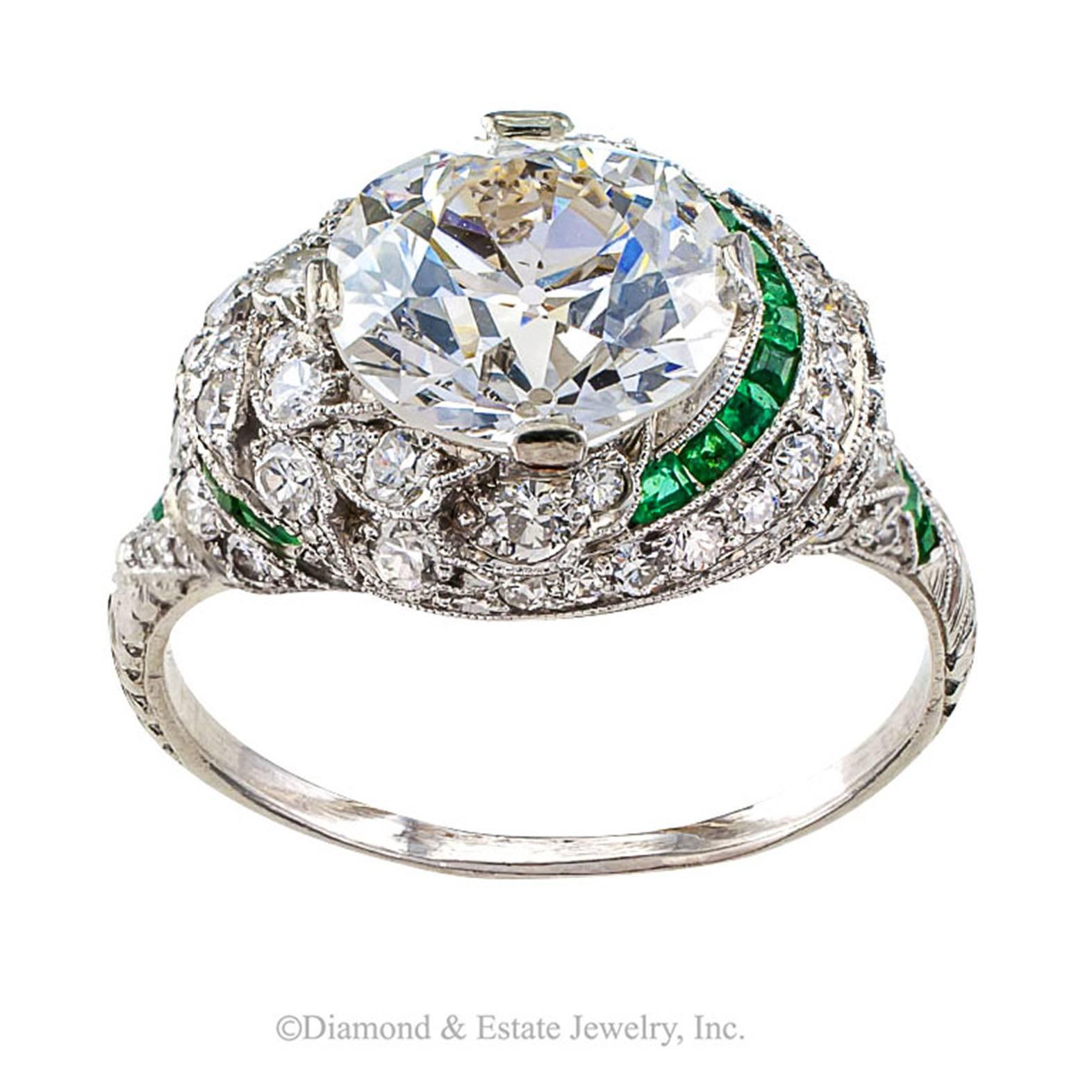 GIA 2.61 Carats F Color SI1 Clarity Old European-Cut Diamond Engagement Ring

Exceptional Art Deco 2.61 carats old European-cut diamond and calibrated emerald solitaire engagement ring mounted in platinum circa 1925.  Rare diamond quality in a