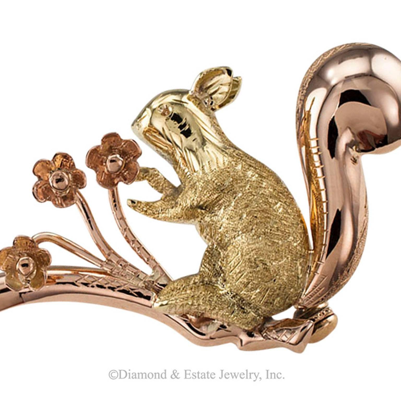 1950s Retro Two Color Gold Red Squirrel Brooch In Excellent Condition In Los Angeles, CA