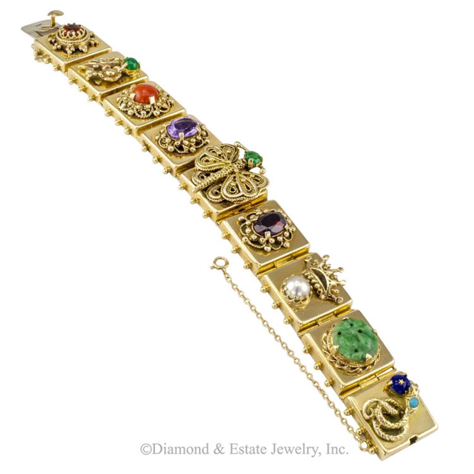 Victorian 1950s Gem Stone Gold Slide Link Bracelet