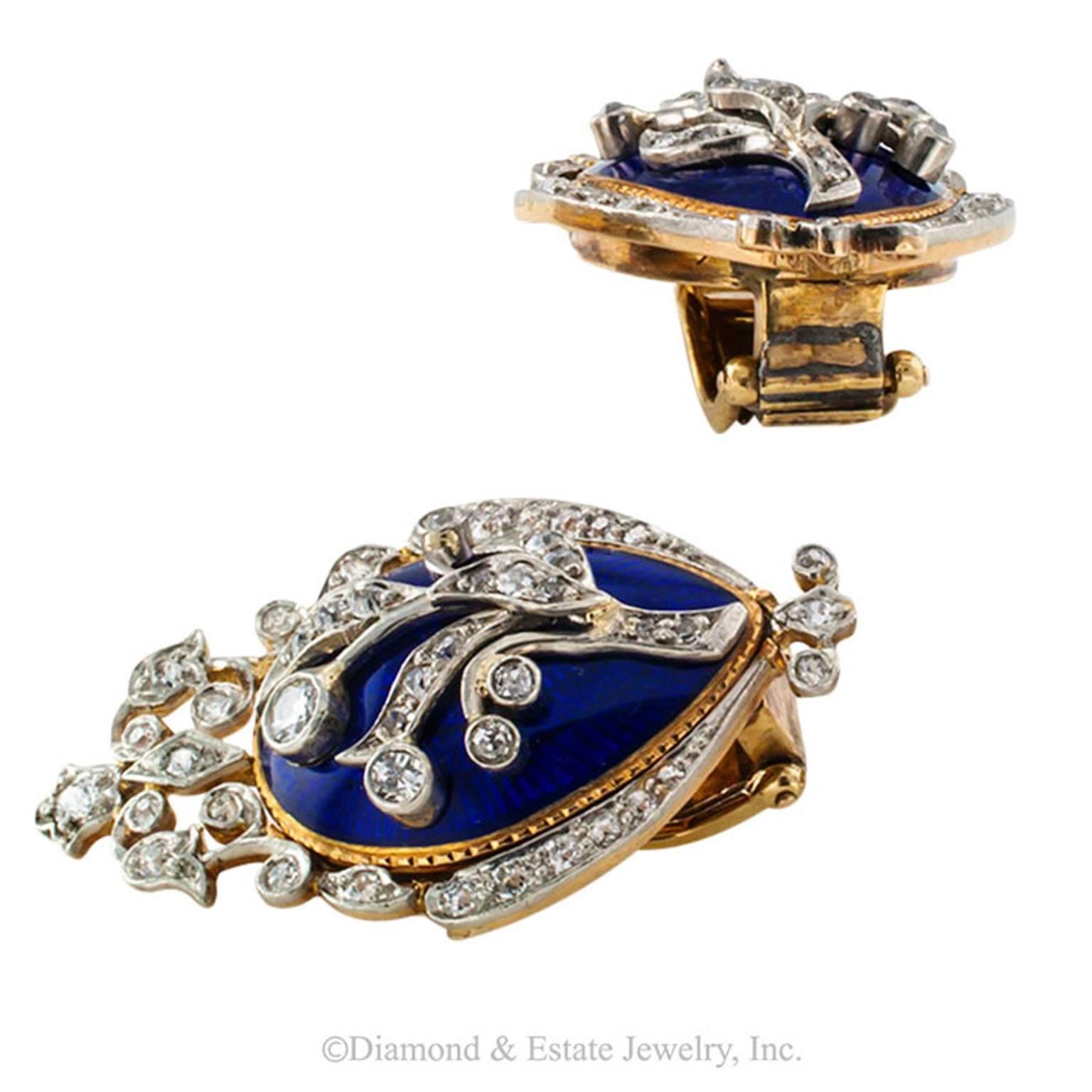 1890s Victorian Royal Blue Enamel Diamond Gold Platinum Ear Clips In Excellent Condition In Los Angeles, CA