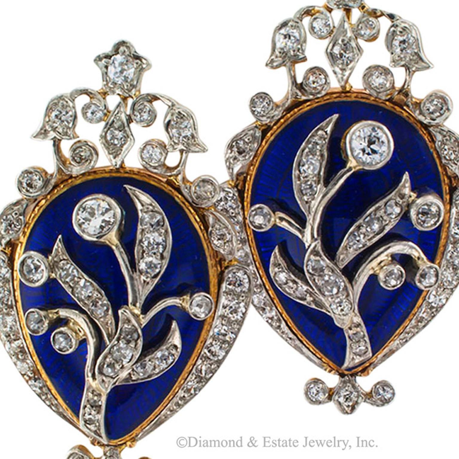 Women's or Men's 1890s Victorian Royal Blue Enamel Diamond Gold Platinum Ear Clips