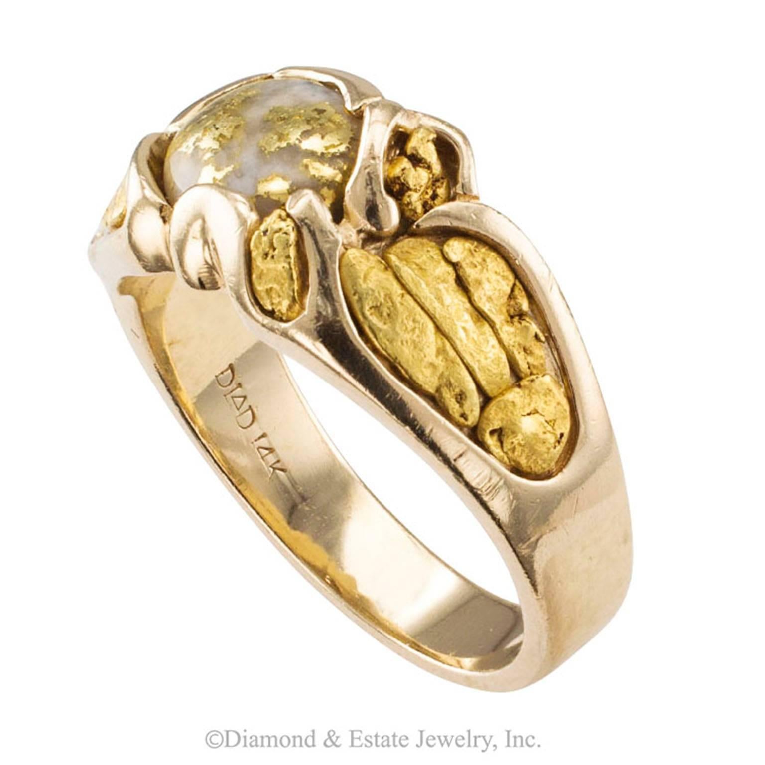 Modern Gold Quartz and Gold Nugget Ring