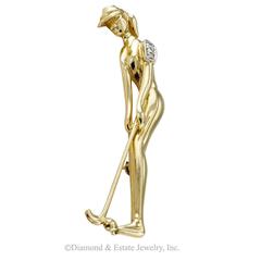 1960s Lady Golfer Gold and Diamond Brooch