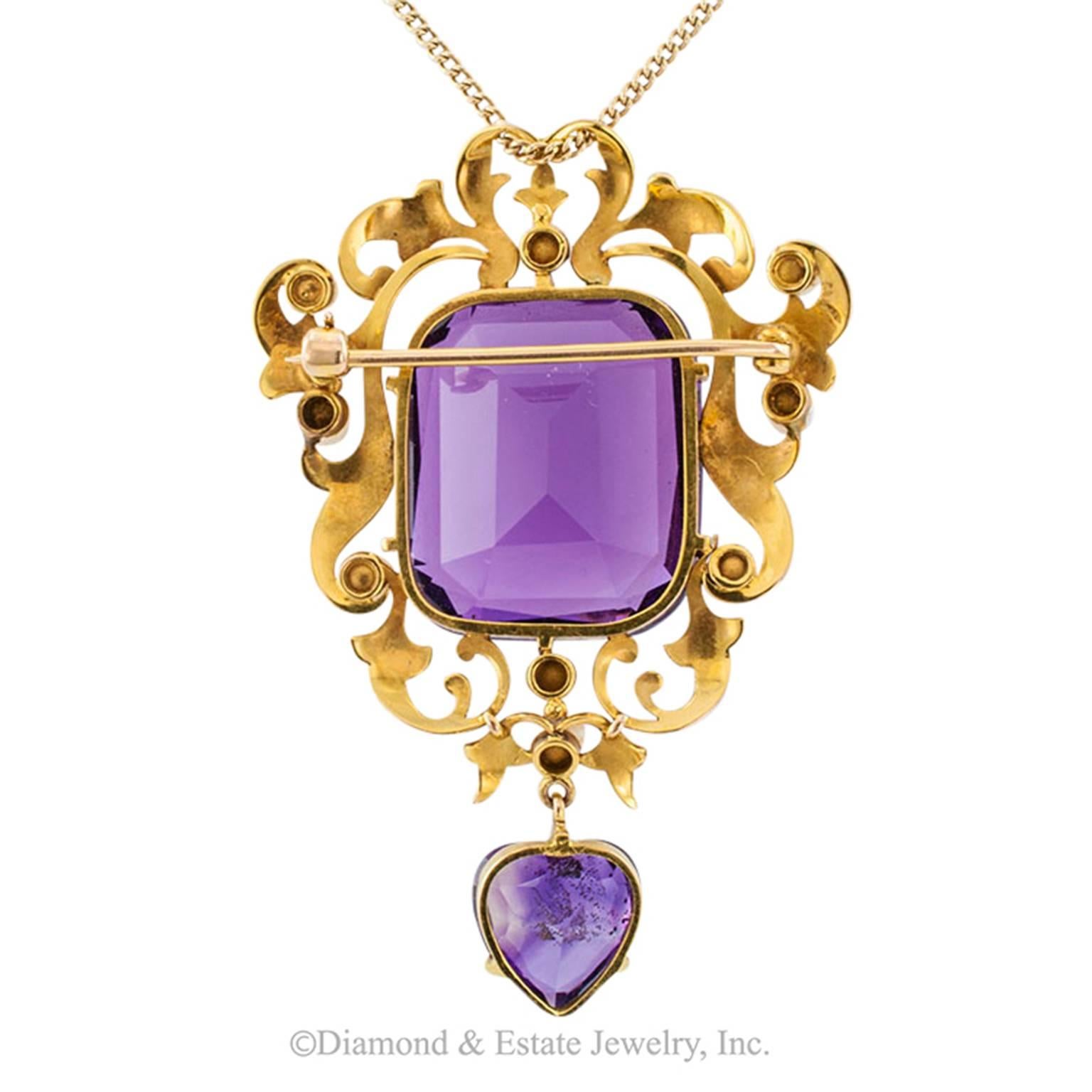 Art Nouveau Amethyst and Pearl Brooch Pendant In Excellent Condition In Los Angeles, CA