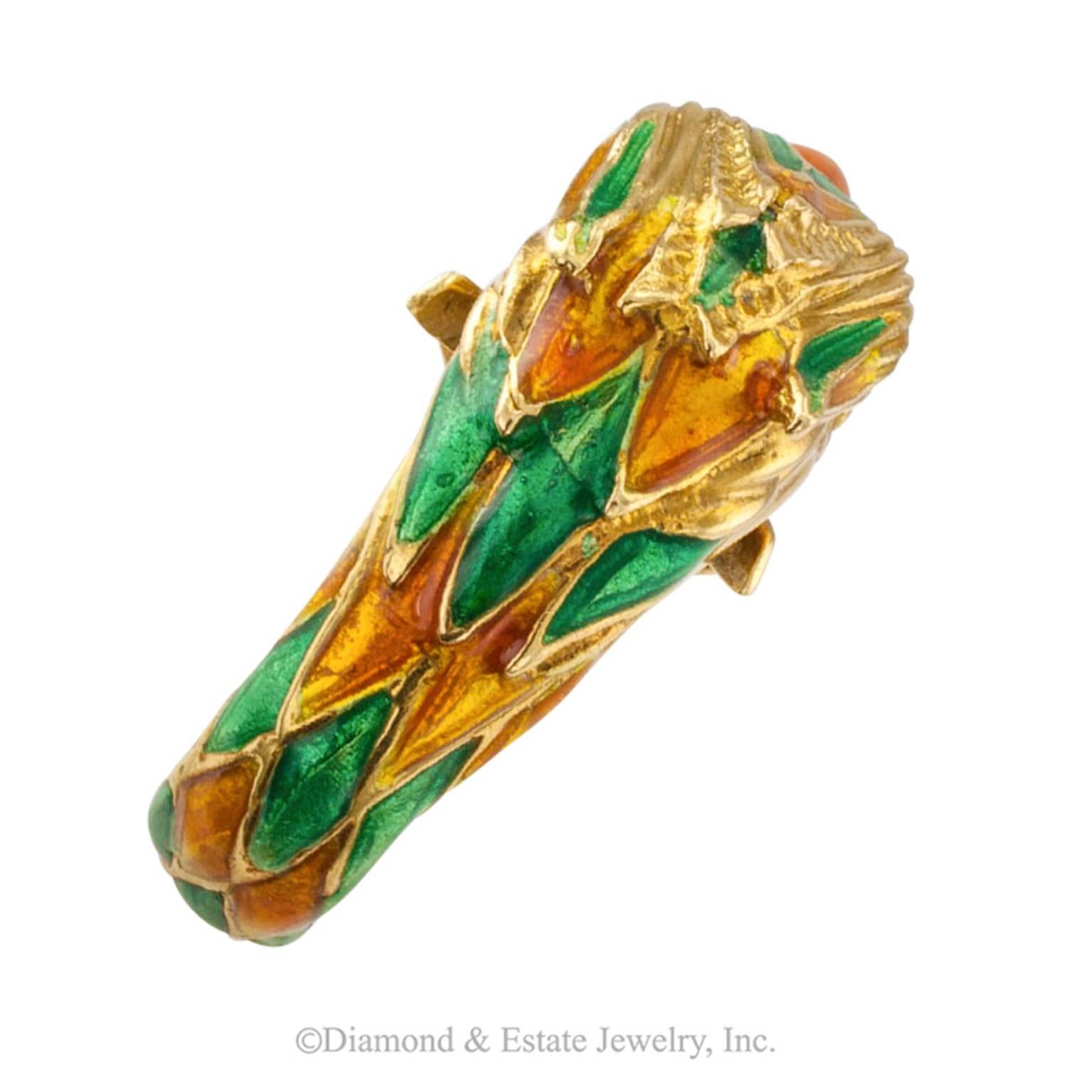 Modern 1970s Enamel and Gold Parrot Ring