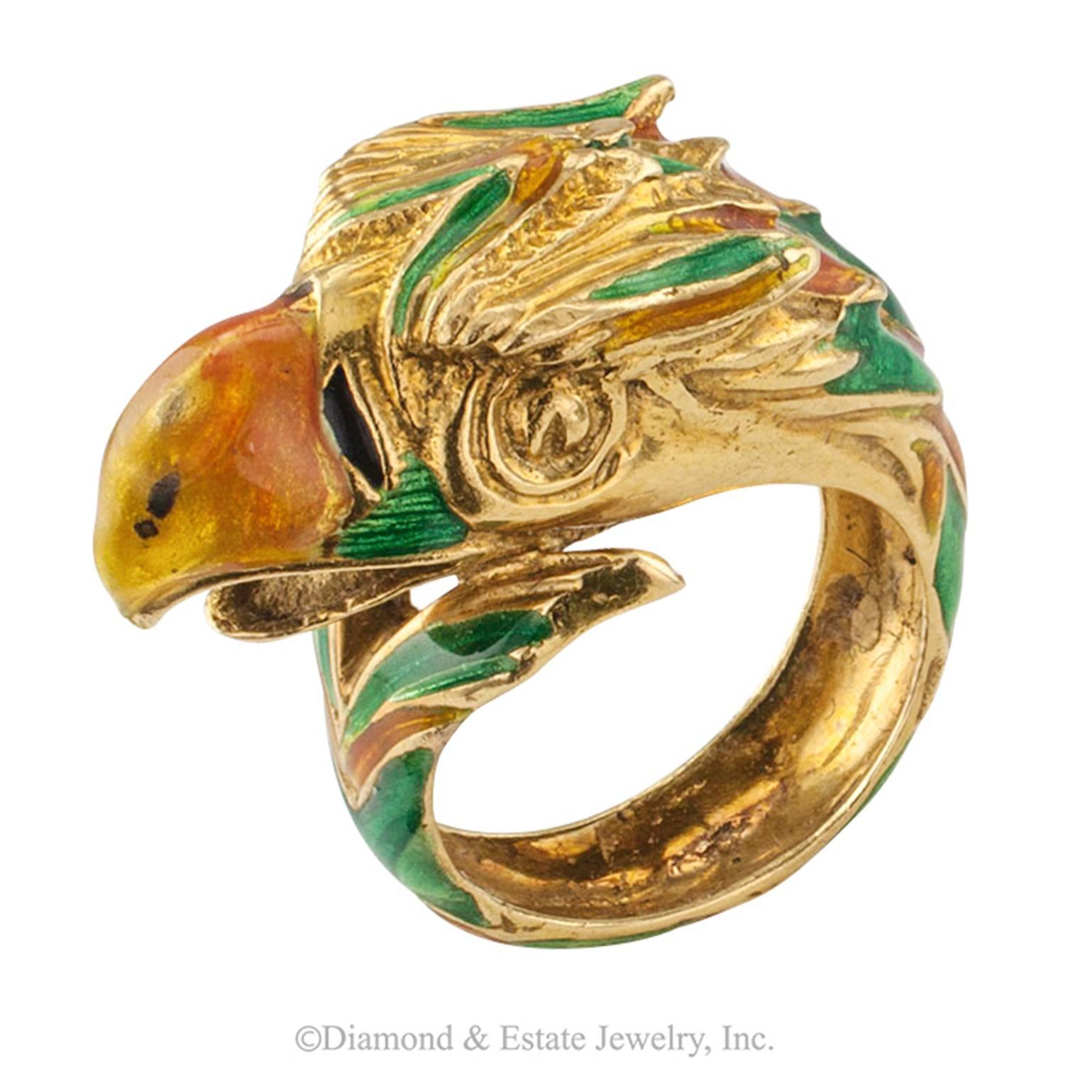 1970s Enamel and Gold Parrot Ring In Excellent Condition In Los Angeles, CA