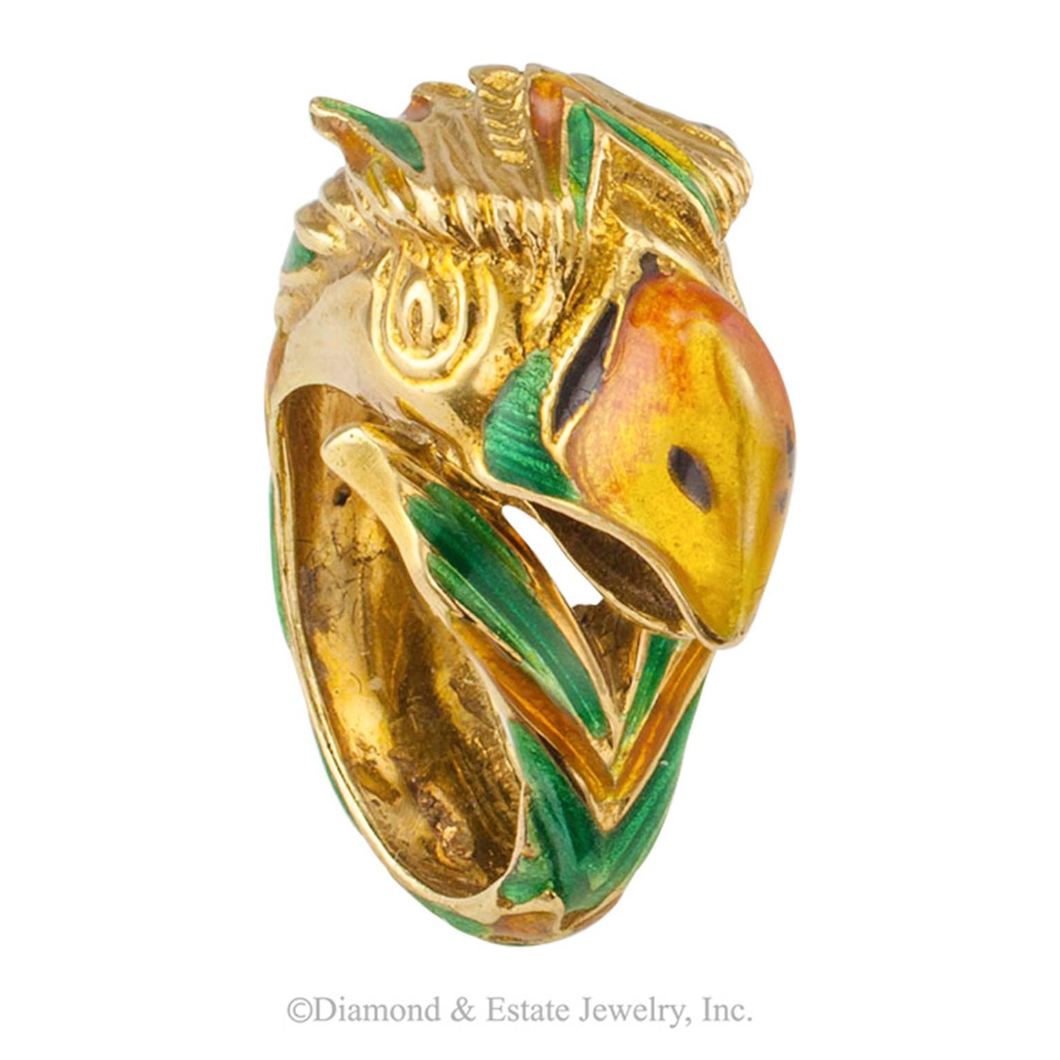 Women's or Men's 1970s Enamel and Gold Parrot Ring