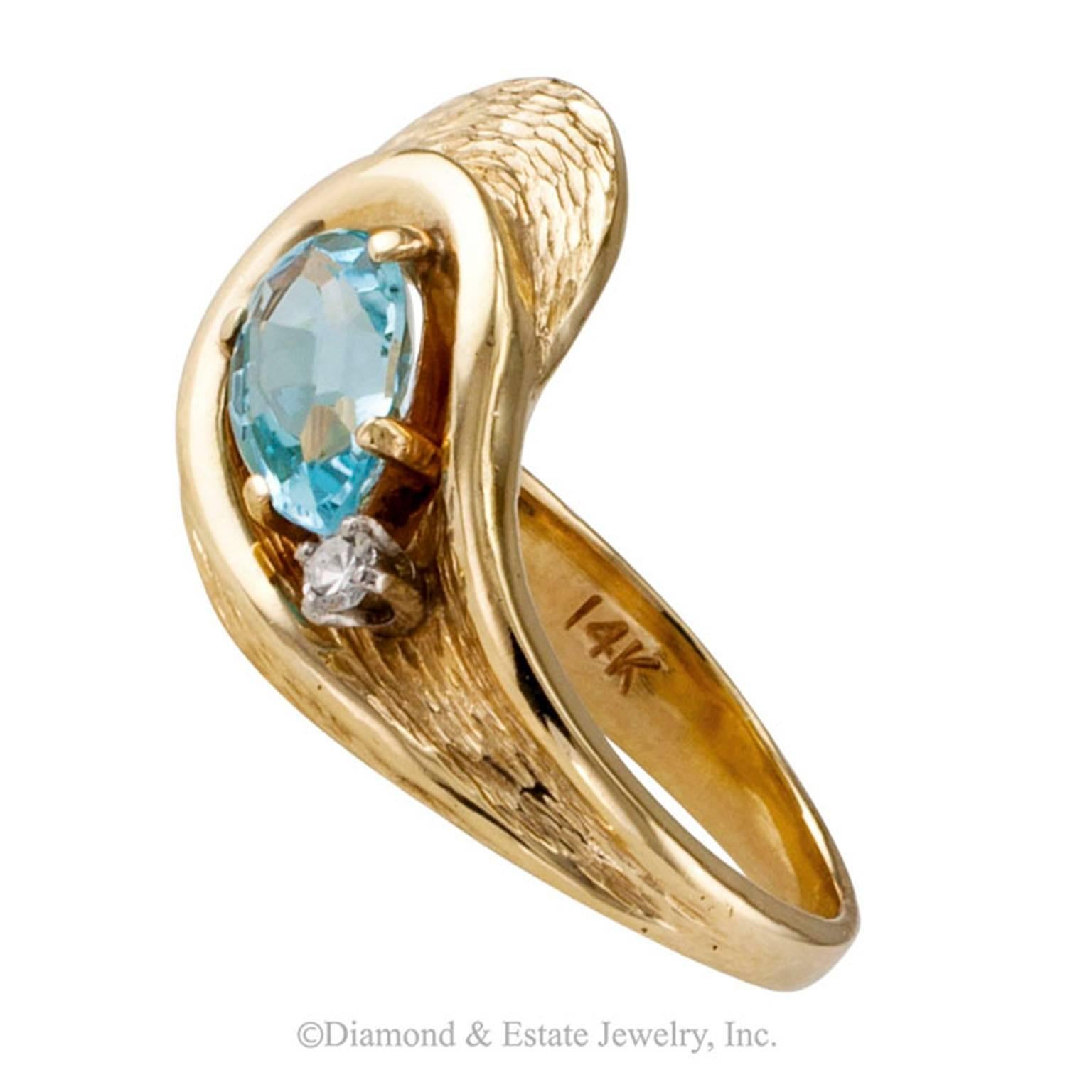 Women's or Men's Modernist Blue Topaz and Diamond Cocktail Ring