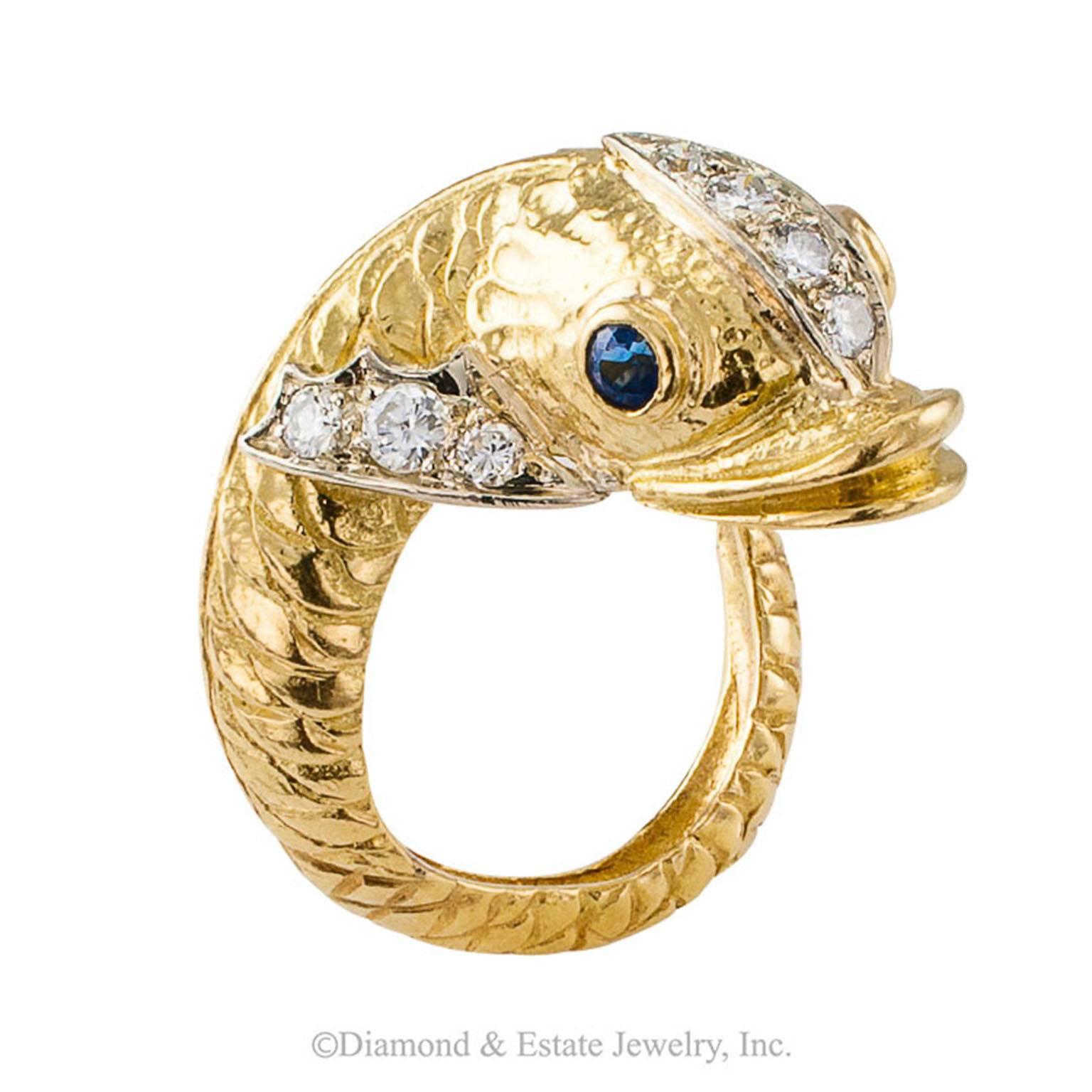 Contemporary Wrap around the finger Diamond and Sapphire Fish Ring