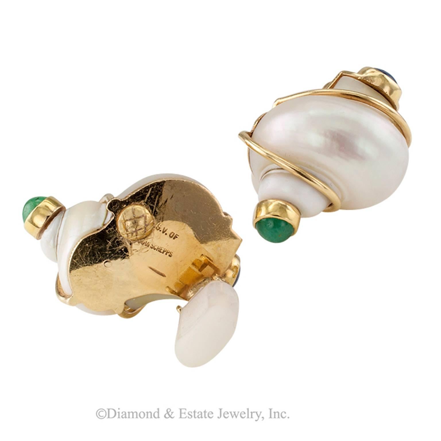 Modern Seaman Schepps Natural Shell Emerald and Sapphire Earrings