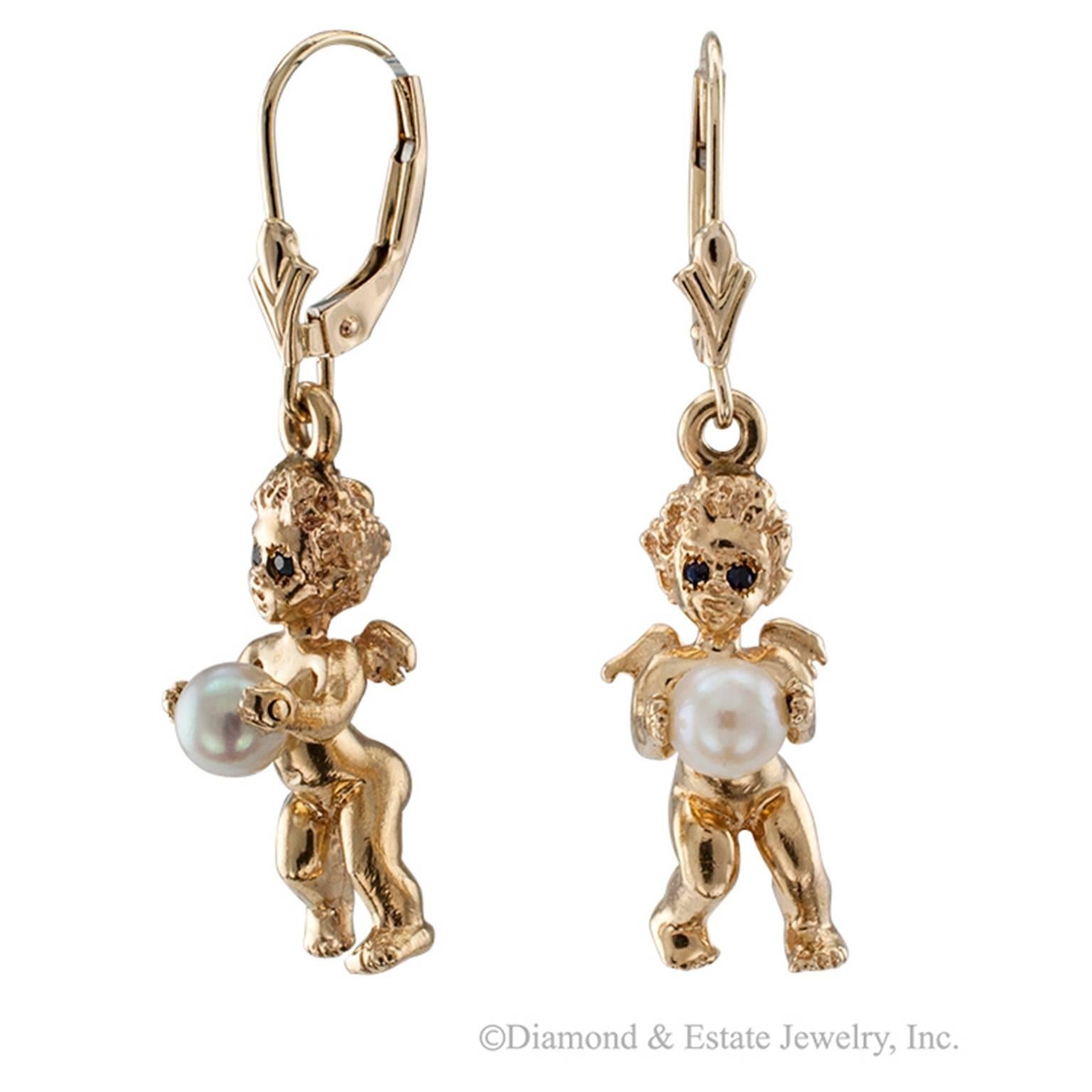 Gold and Cultured Pearl Cherub Earrings Attributed to Ruser In Excellent Condition In Los Angeles, CA