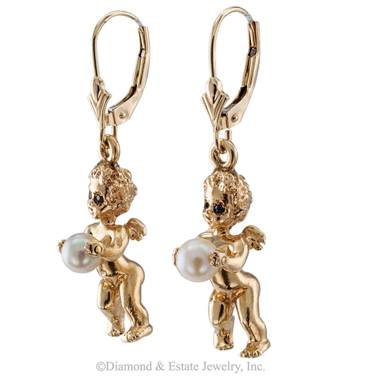 Modern Gold and Cultured Pearl Cherub Earrings Attributed to Ruser