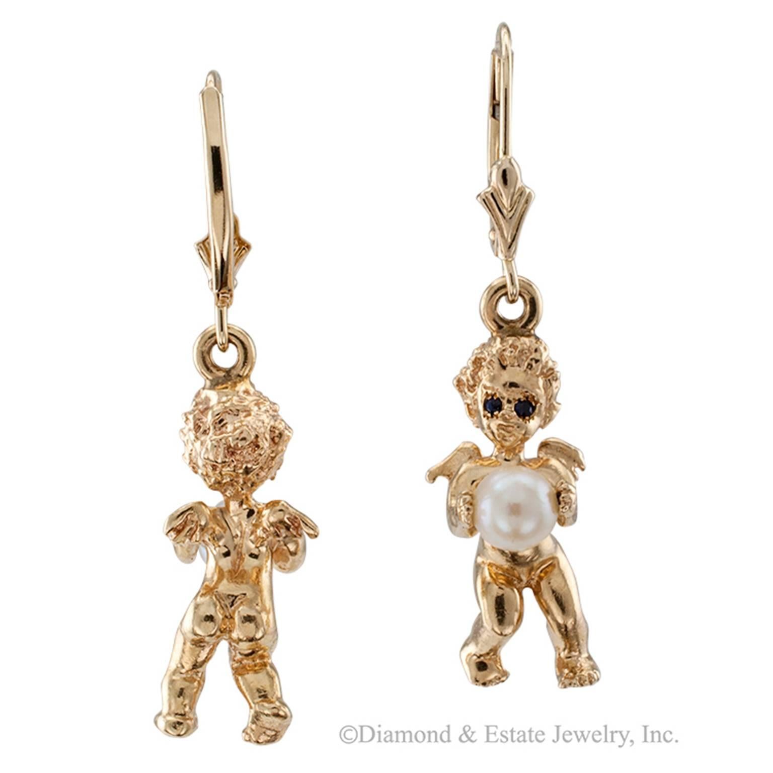 Women's or Men's Gold and Cultured Pearl Cherub Earrings Attributed to Ruser