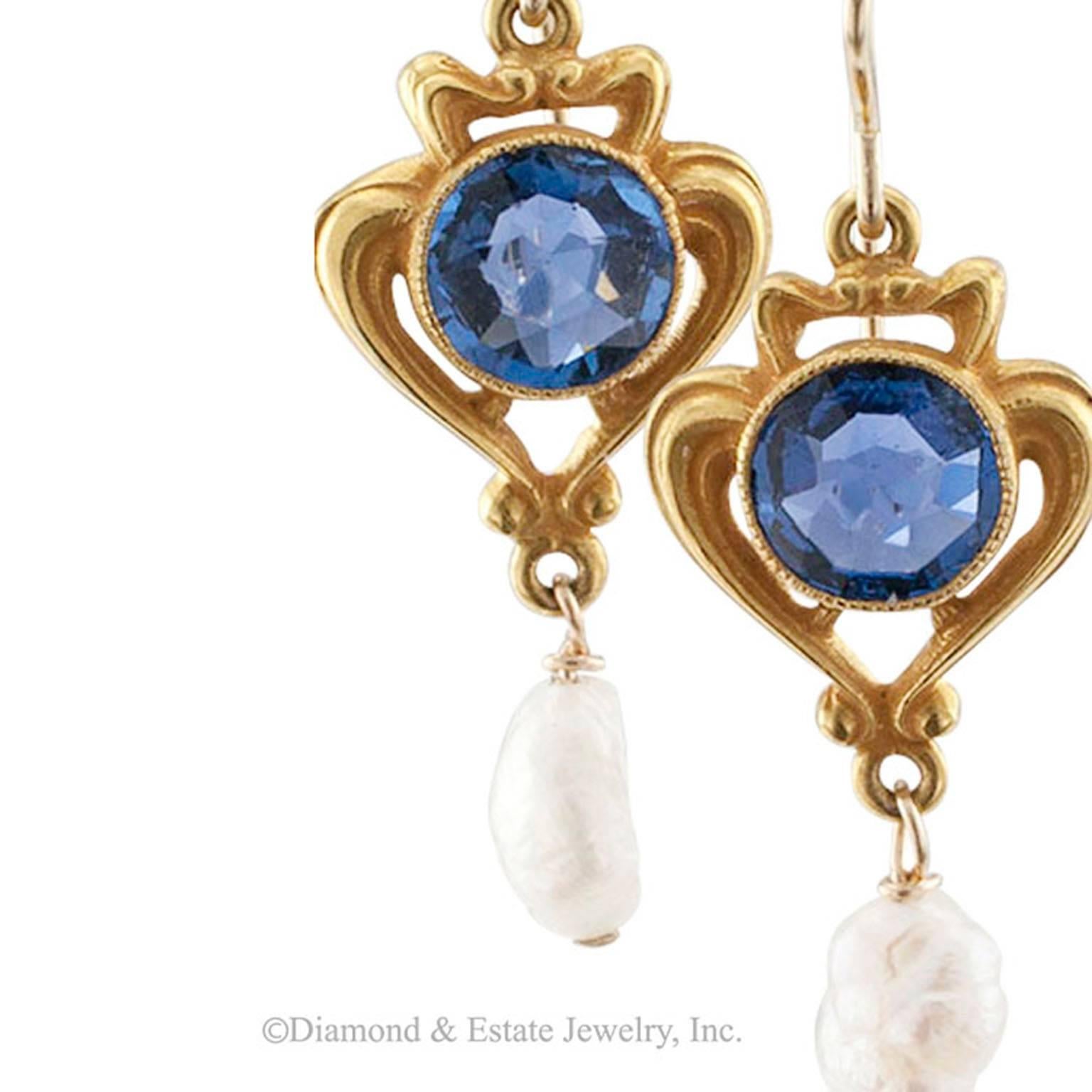 Women's or Men's Krementz Art Nouveau Sapphire Pearl Drop Earrings