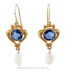 Krementz Art Nouveau Sapphire Pearl Drop Earrings