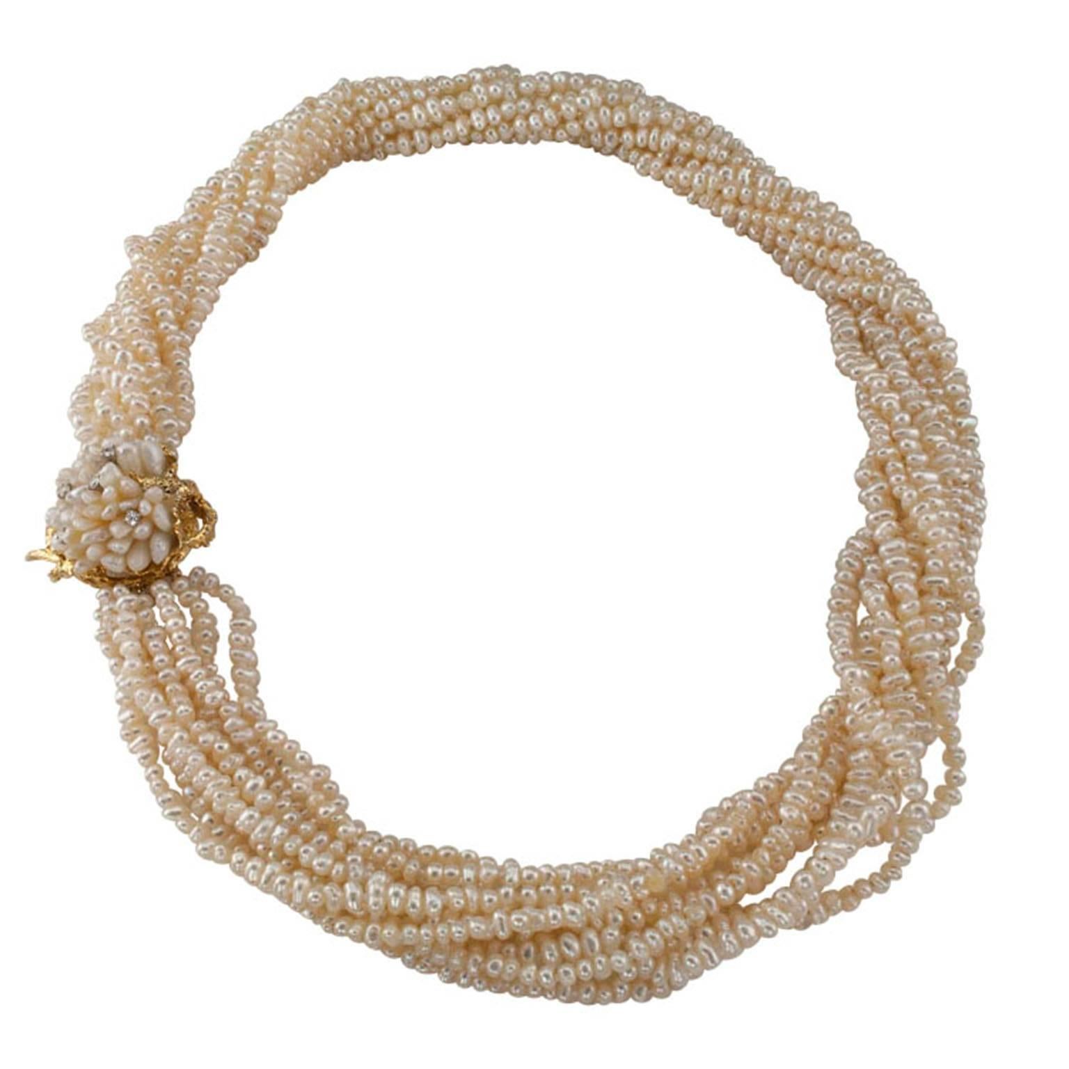 1970s Biwa Pearl Diamond Gold Torsade Necklace