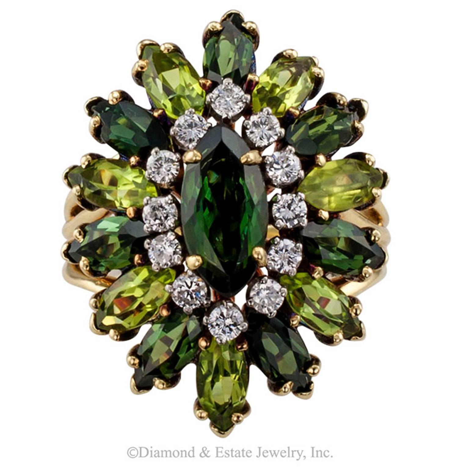 Modern 1970s Green Tourmaline Diamond Gold Ring