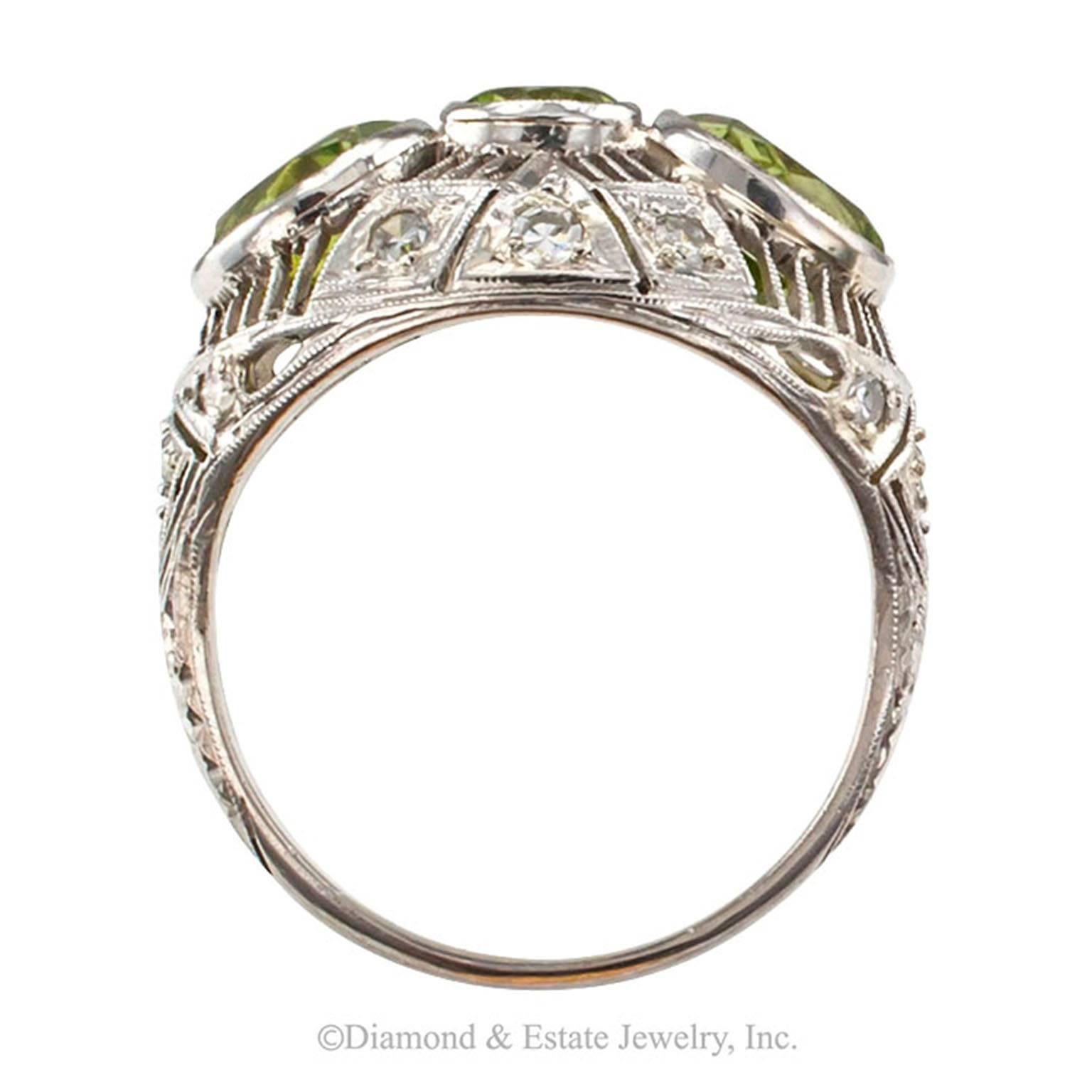 Women's or Men's Art Deco Peridot Diamond Platinum Ring