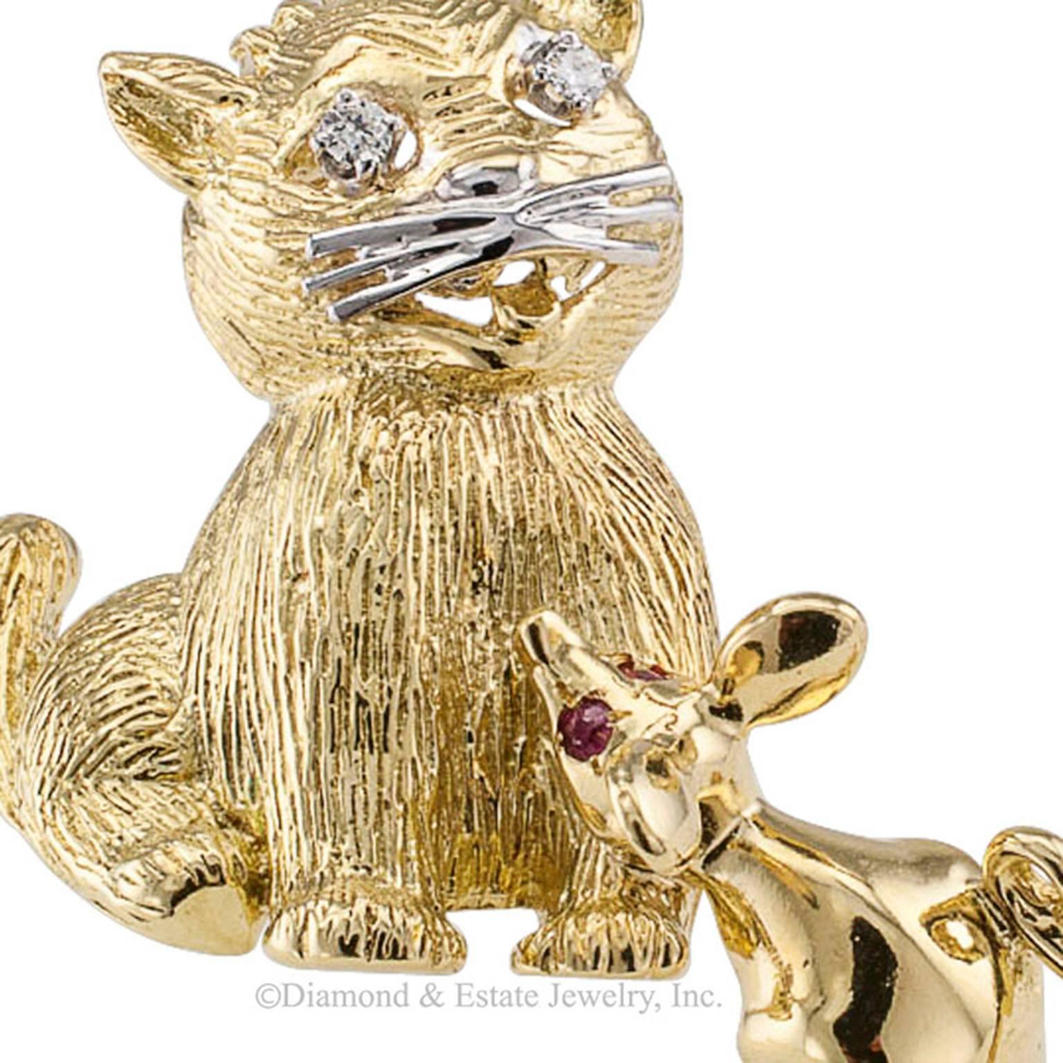Contemporary 1960s Cat and Mouse Diamond Ruby Gold Brooch