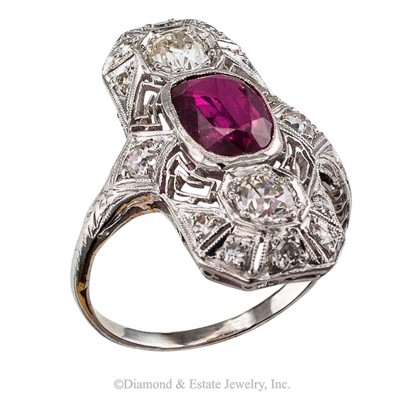 Art Deco Ruby Diamond Platinum Dinner Ring In Excellent Condition In Los Angeles, CA