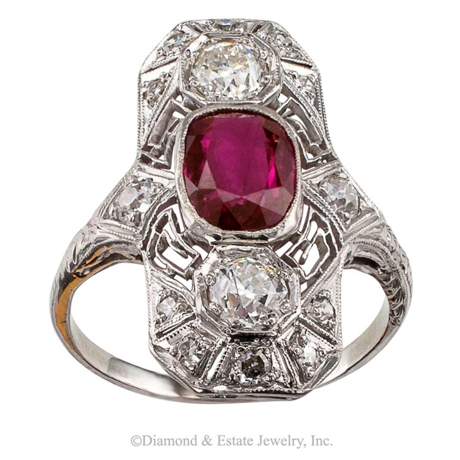 Women's or Men's Art Deco Ruby Diamond Platinum Dinner Ring