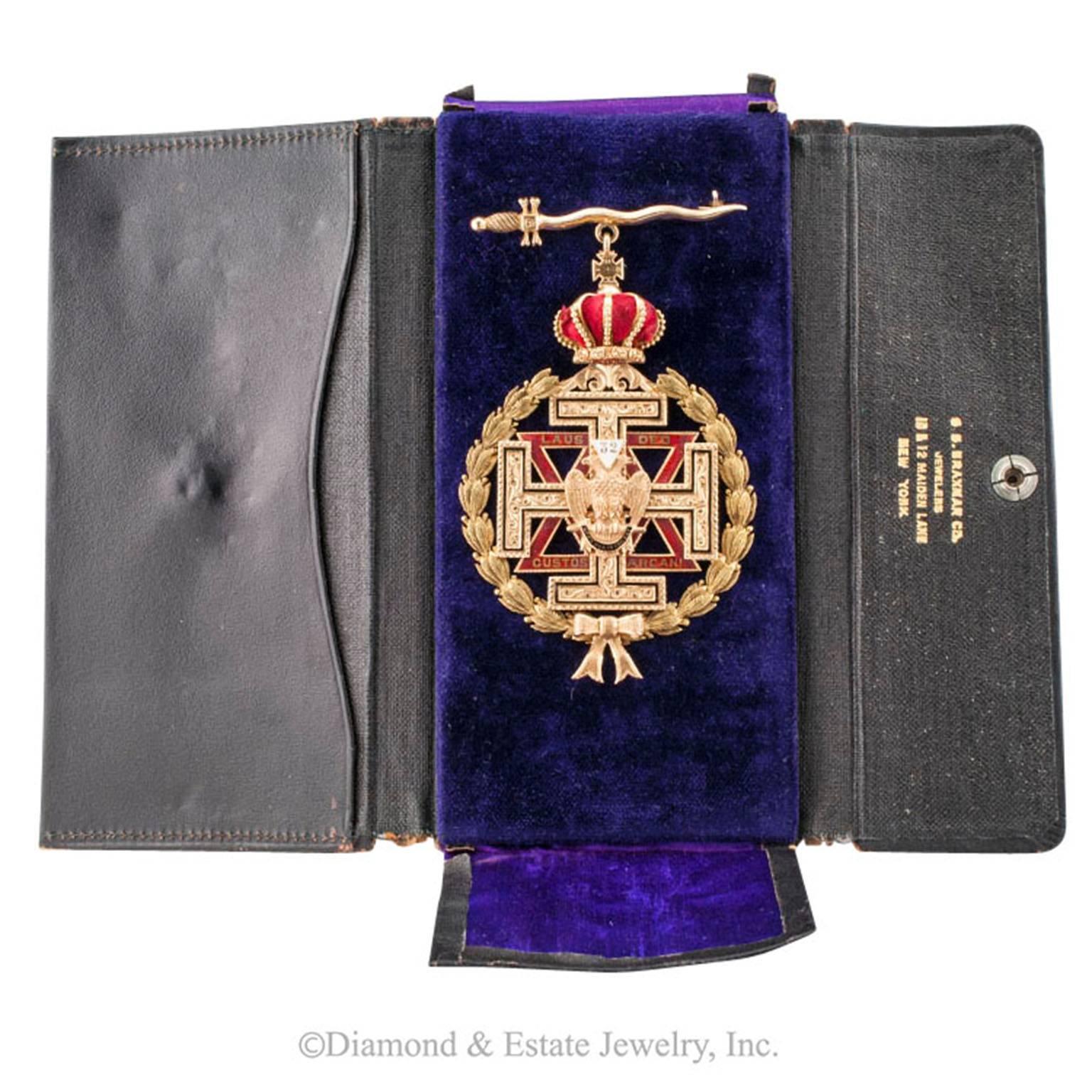 1910 Masonic 32nd Degree Enamel Gold Jewel

Antique Masonic 32nd degree enamel and gold jewel circa 1910.  This  large jewel is decorated throughout with Masonic symbols, crafted in 14-karat gold, accompanied by the original presentation leather