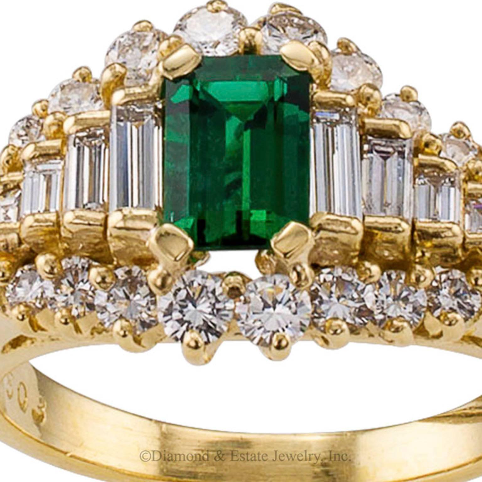 Women's or Men's Emerald-cut Emerald Diamond Yellow Gold Ring