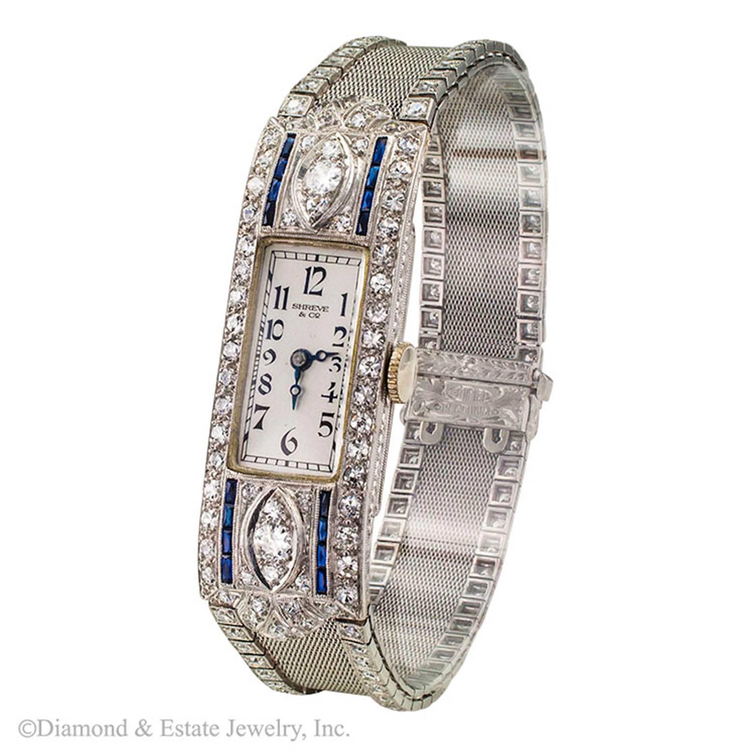 Shreve and Company Art Deco Diamond Platinum Wristwatch

Shreve & Co. Art Deco 17-jewel Concord Swiss movement lady's wristwatch circa 1925.  The easy to read rectangular dial features Arabic numerals and secondary markers framed by a similarly