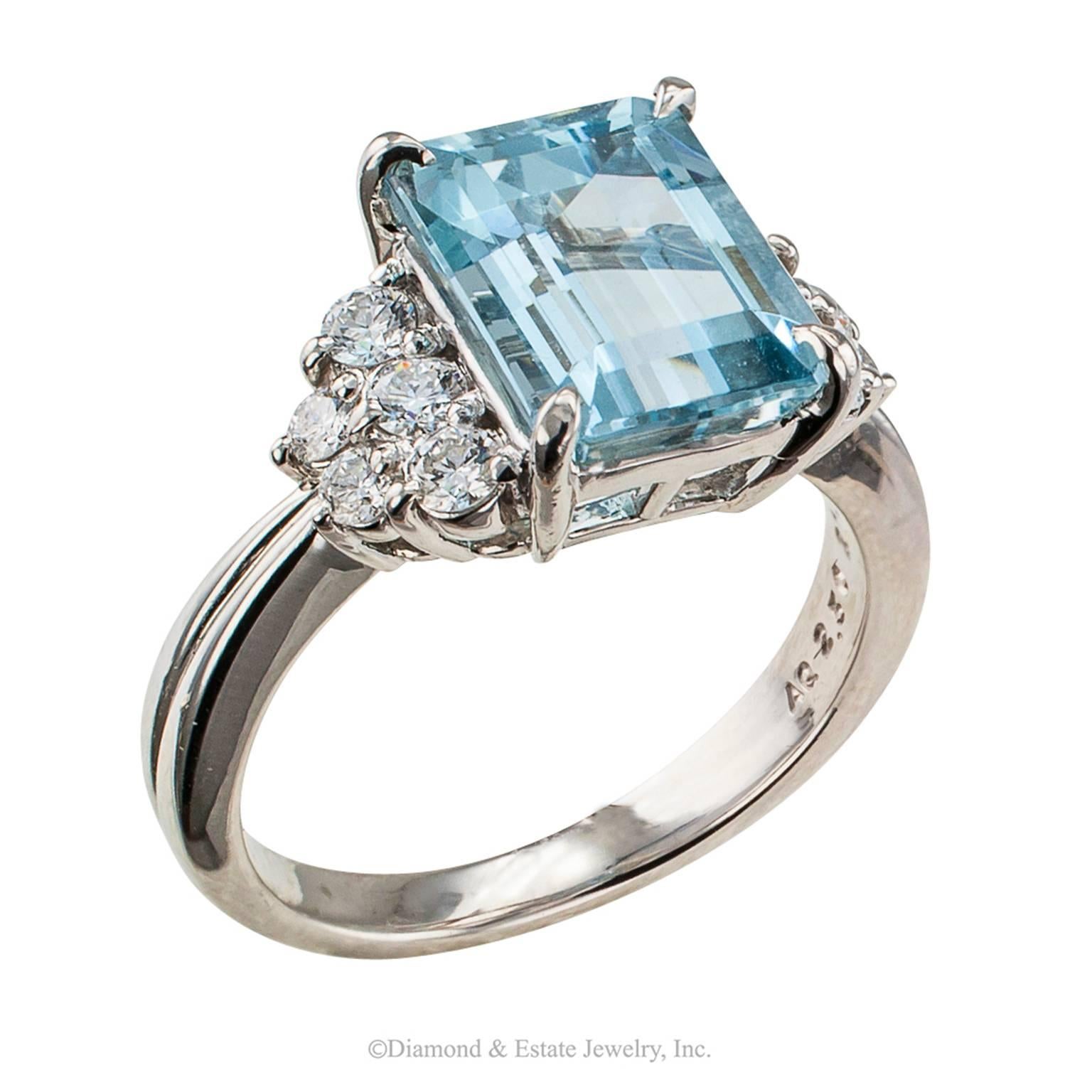 Modern 2.50 Carat Emerald Cut Aquamarine Diamond Platinum Ring