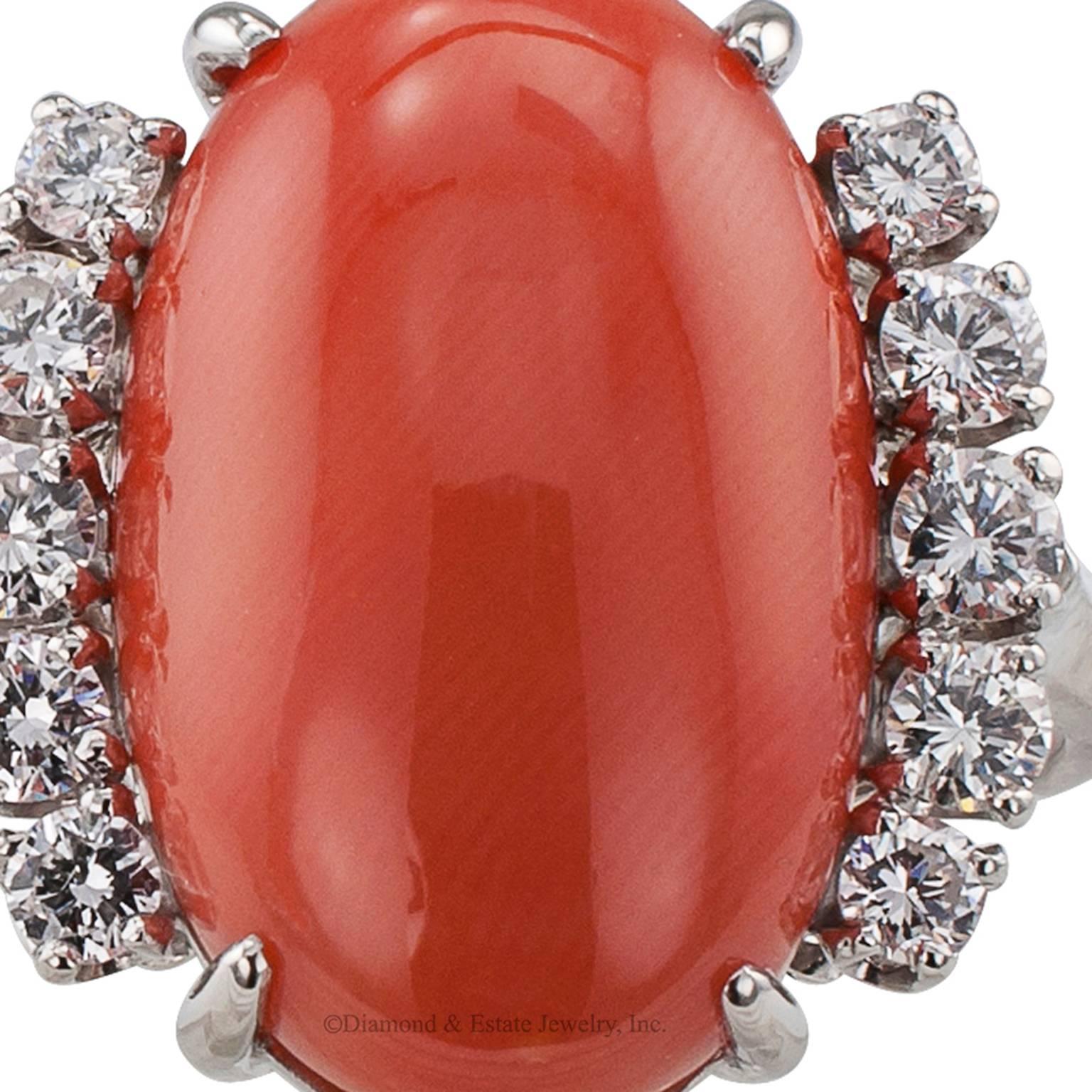 1970s Oval Coral Diamond Platinum Ring In Excellent Condition In Los Angeles, CA