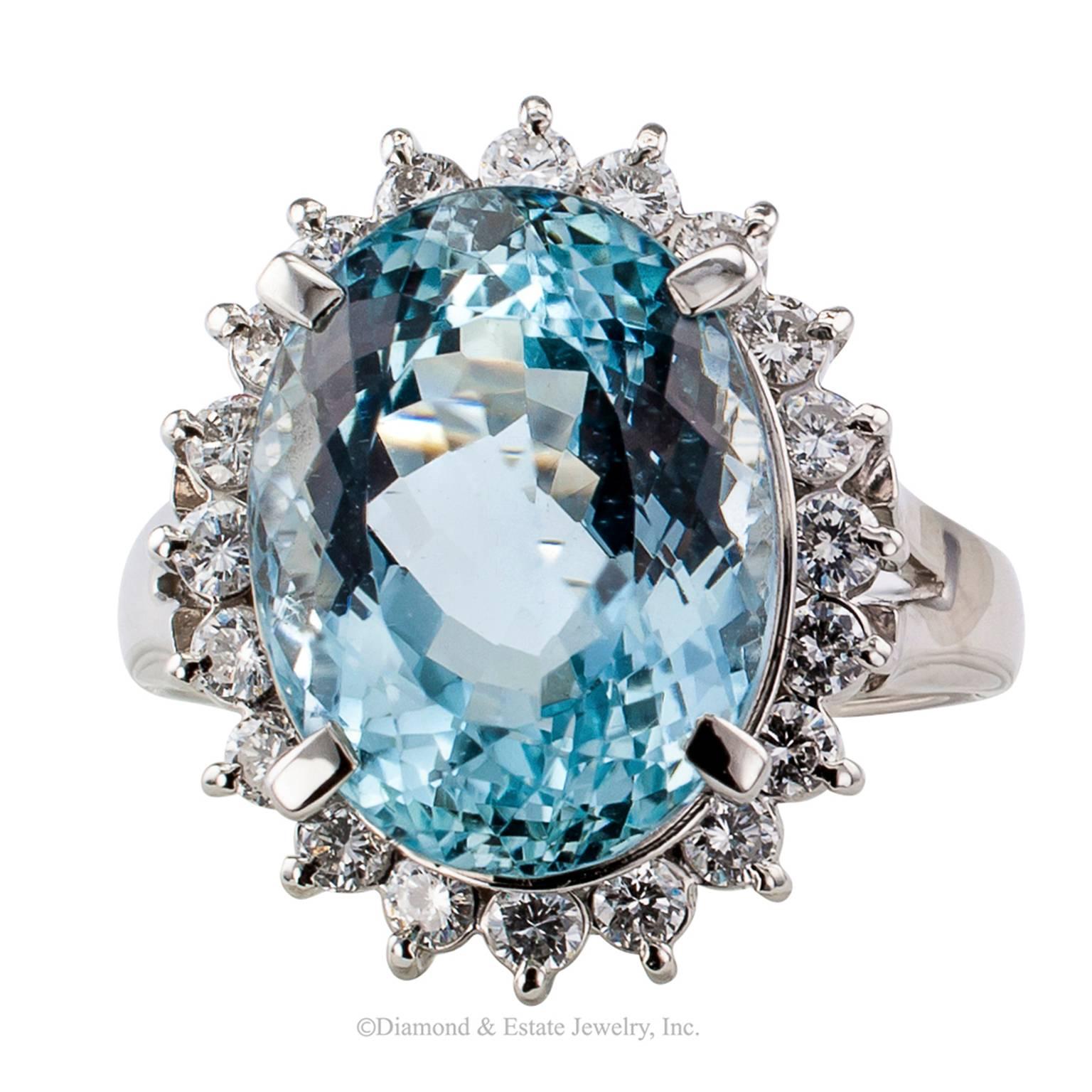 Modern 6.24 Carat Oval Aquamarine Diamond Platinum Ring