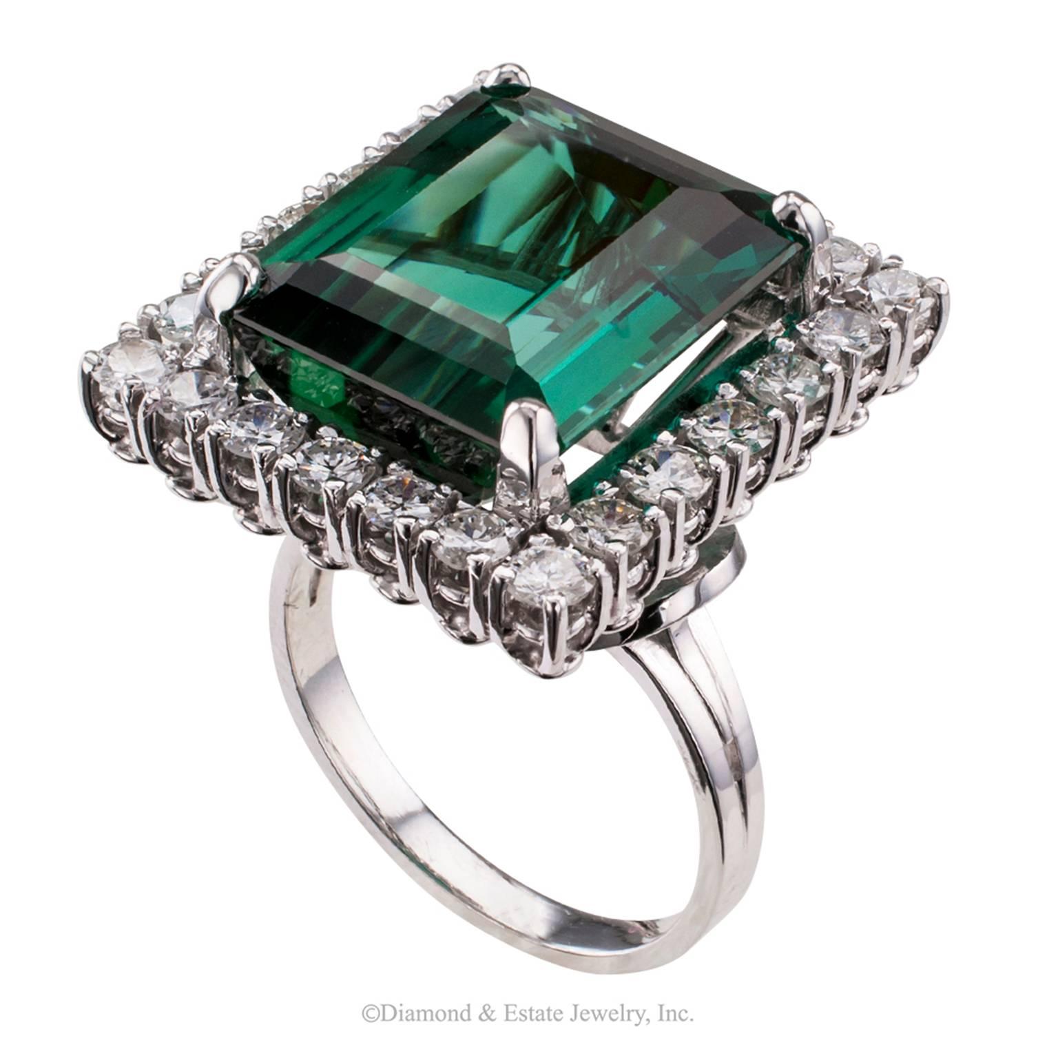 Modern 1960s Emerald Cut Blue Green Tourmaline Diamond Cocktail Ring