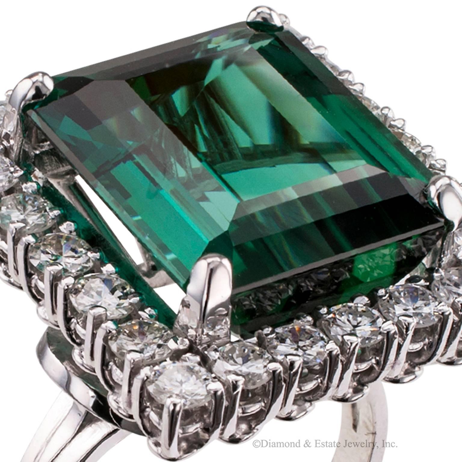 1960s Emerald Cut Blue Green Tourmaline Diamond Cocktail Ring In Excellent Condition In Los Angeles, CA