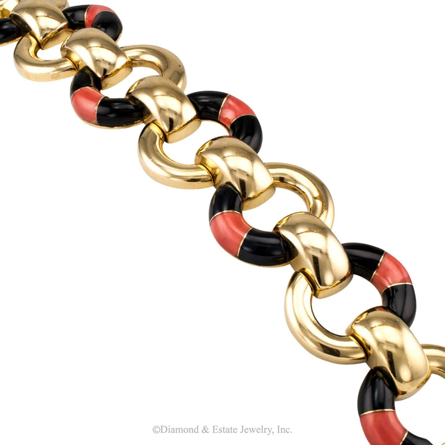 Women's or Men's Coral Onyx Gold Link Bracelet