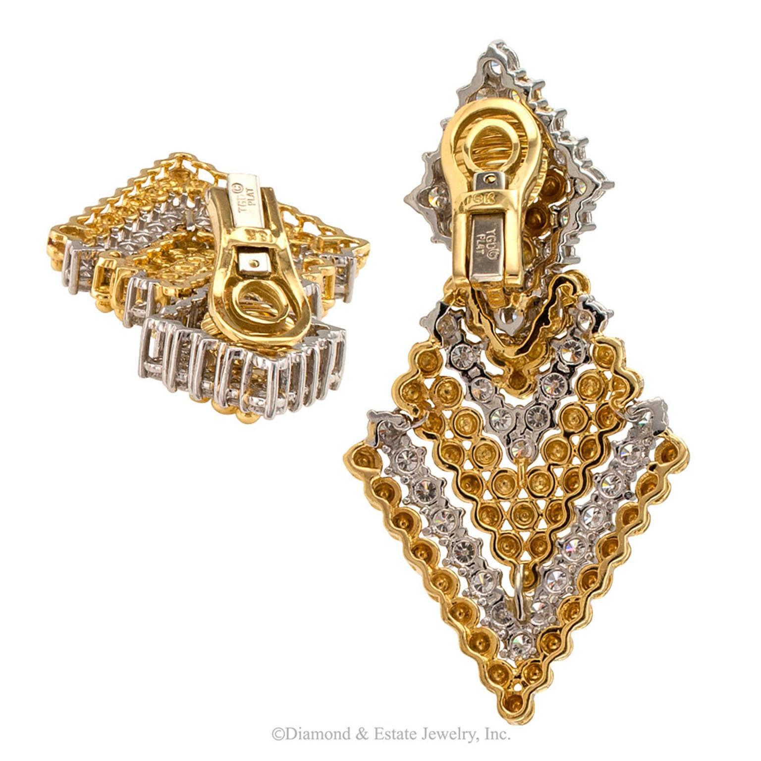 Contemporary Triangular Door Knocker Diamond Yellow Gold Platinum Clipon Earrings