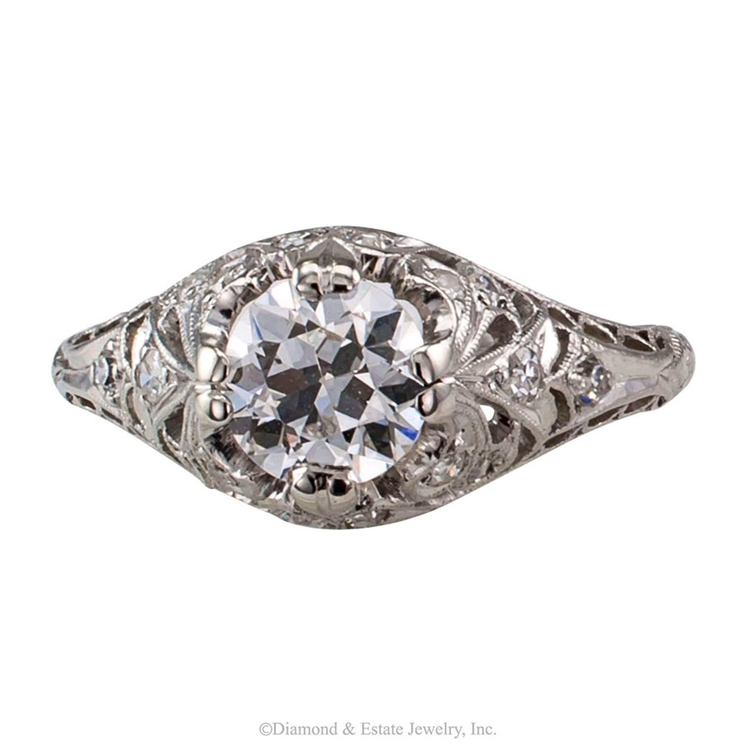 Edwardian 0.85 Carat Diamond Platinum Engagement Ring

Edwardian 0.85 carat diamond engagement ring mounted in platinum circa 1910.  The design is crowned by an old European-cut diamond weighing approximately 0.85 carat, approximately G color and