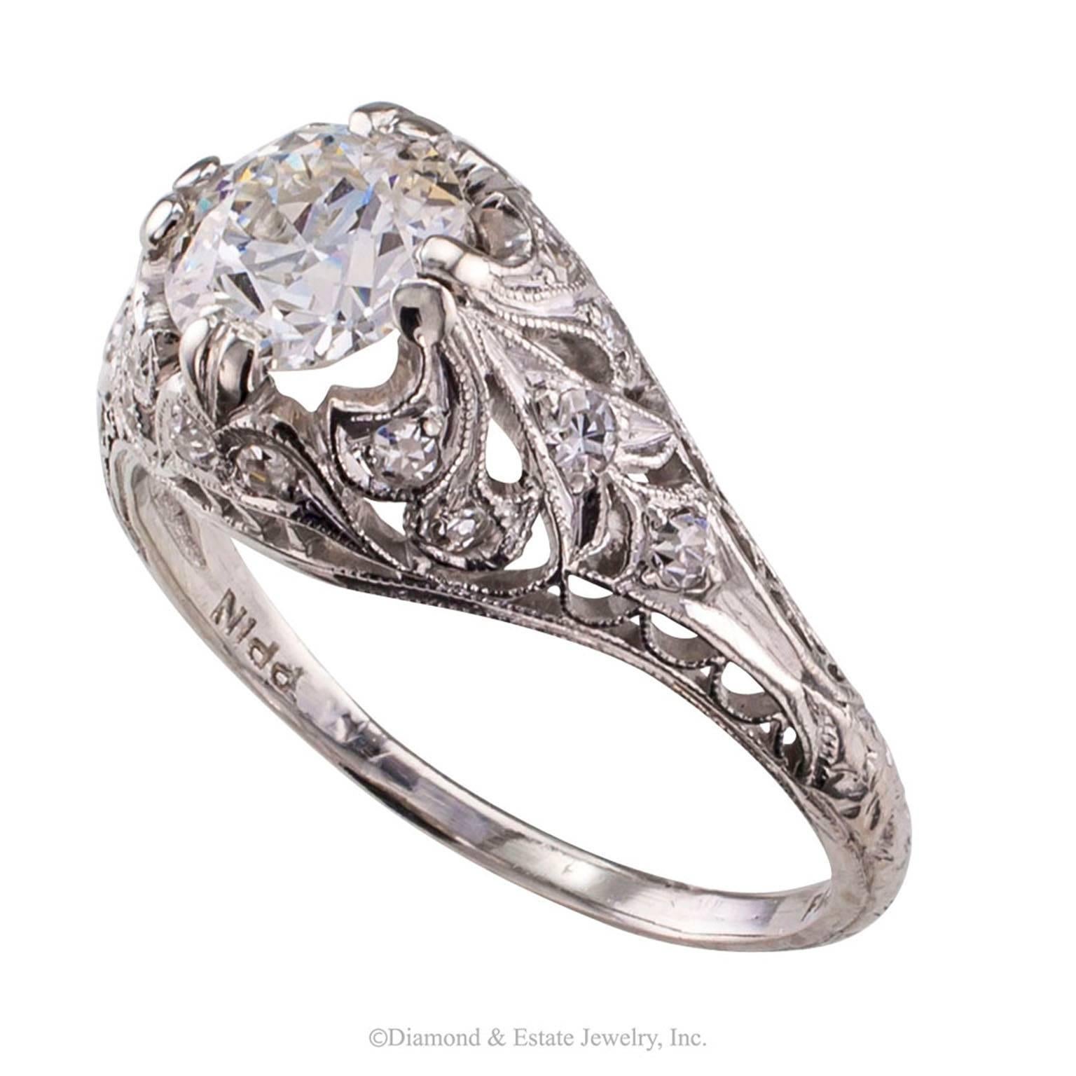 Edwardian 0.85 Carat Diamond Platinum Engagement Ring 1